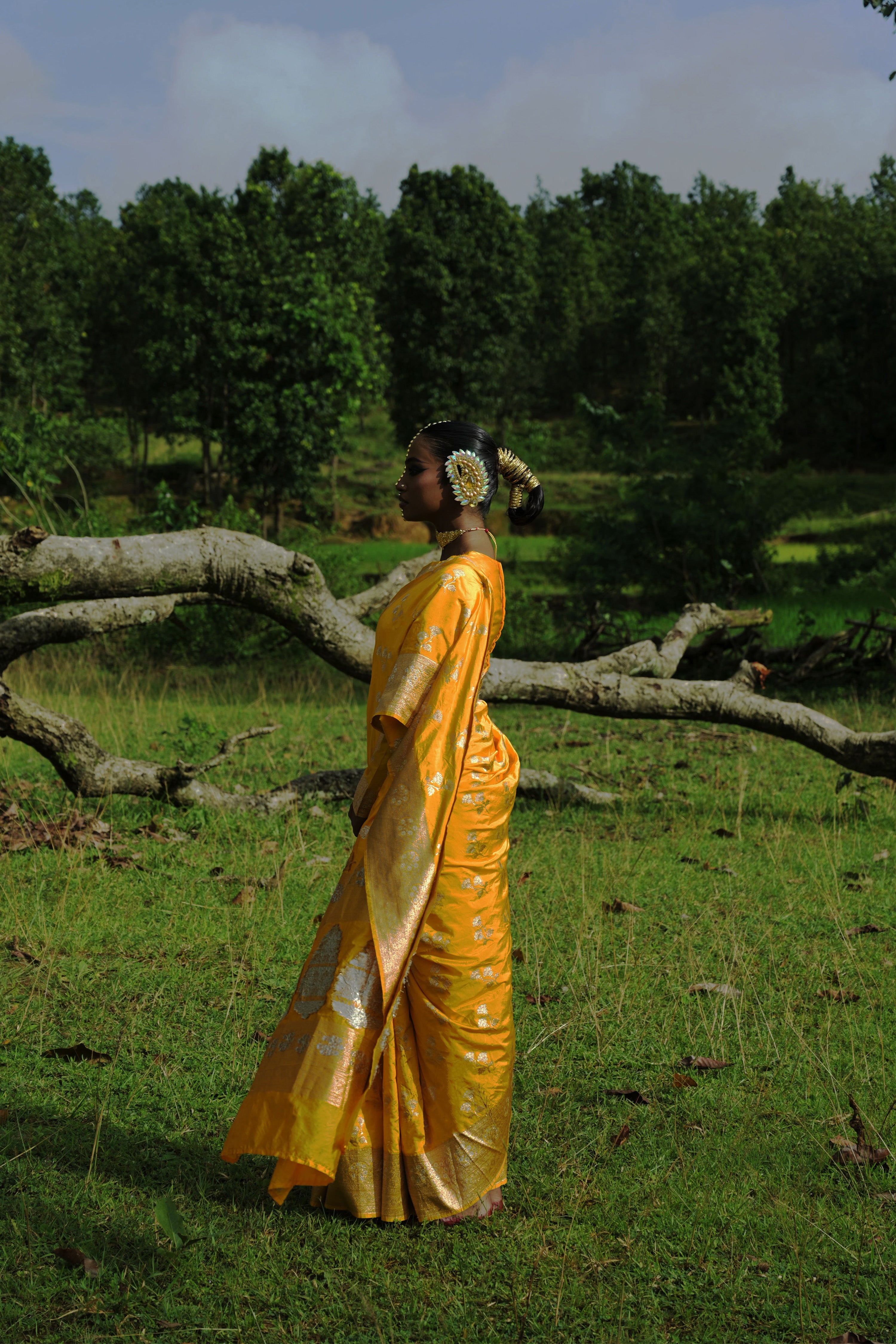 Mrignayani I Yellow Handloom Katan Banarasi Saree with Floral Jaal Zari Border and Floral Butis