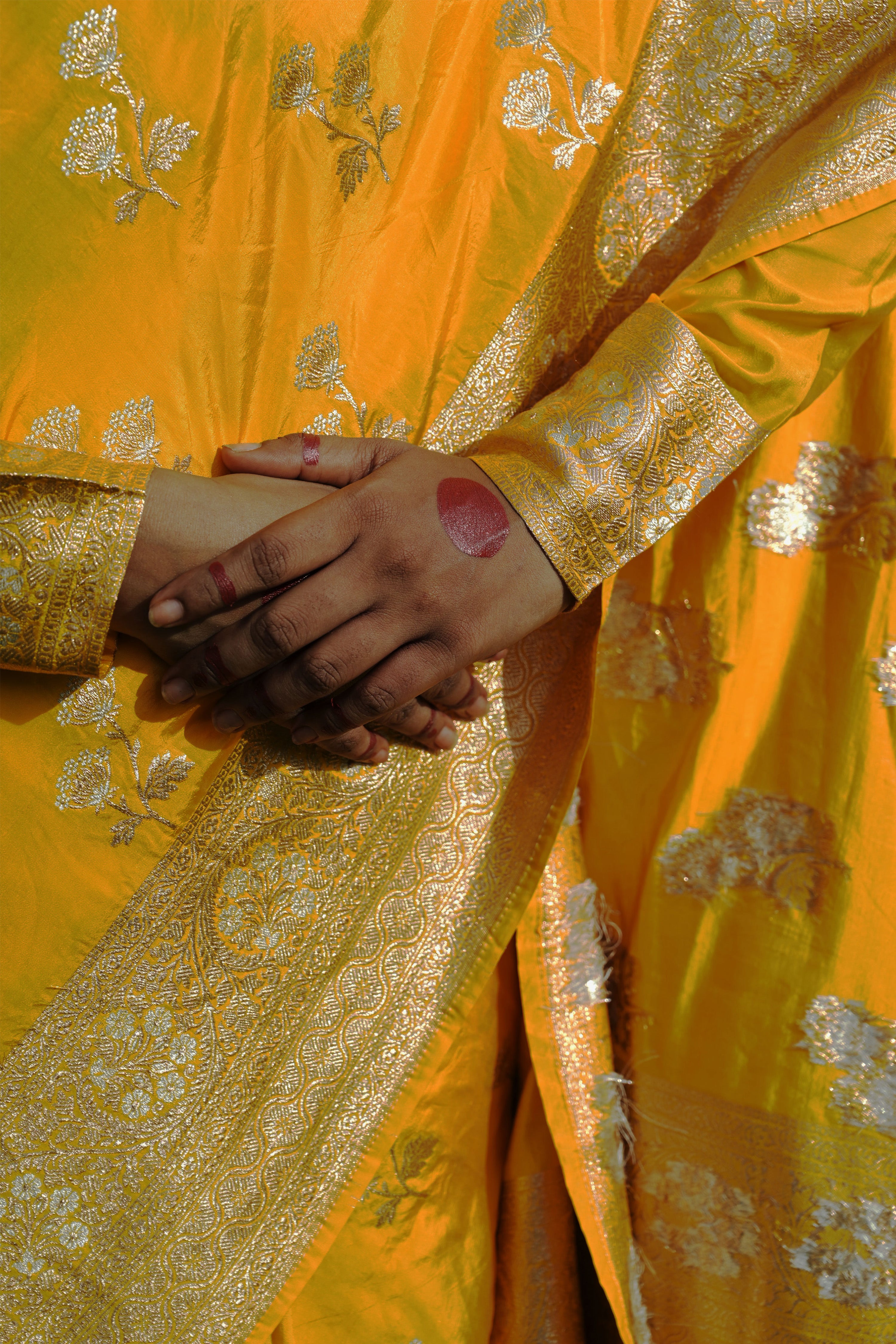 Mrignayani I Yellow Handloom Katan Banarasi Saree with Floral Jaal Zari Border and Floral Butis