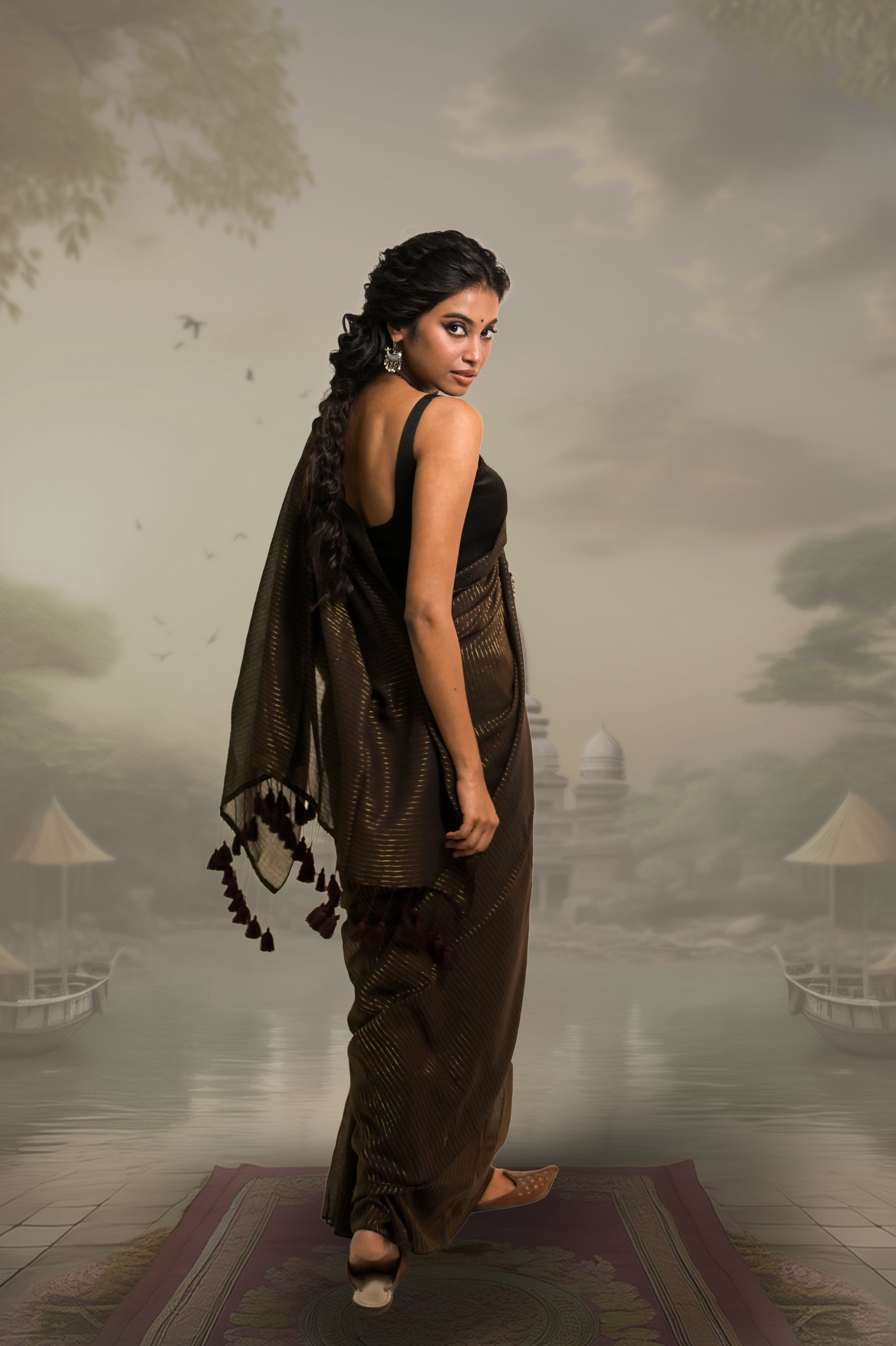 Dark Brown Handloom Mul Cotton Zari Striped Saree With Black Silk Sleeveless Blouse Combo(Zari Mridang+Galaxy)