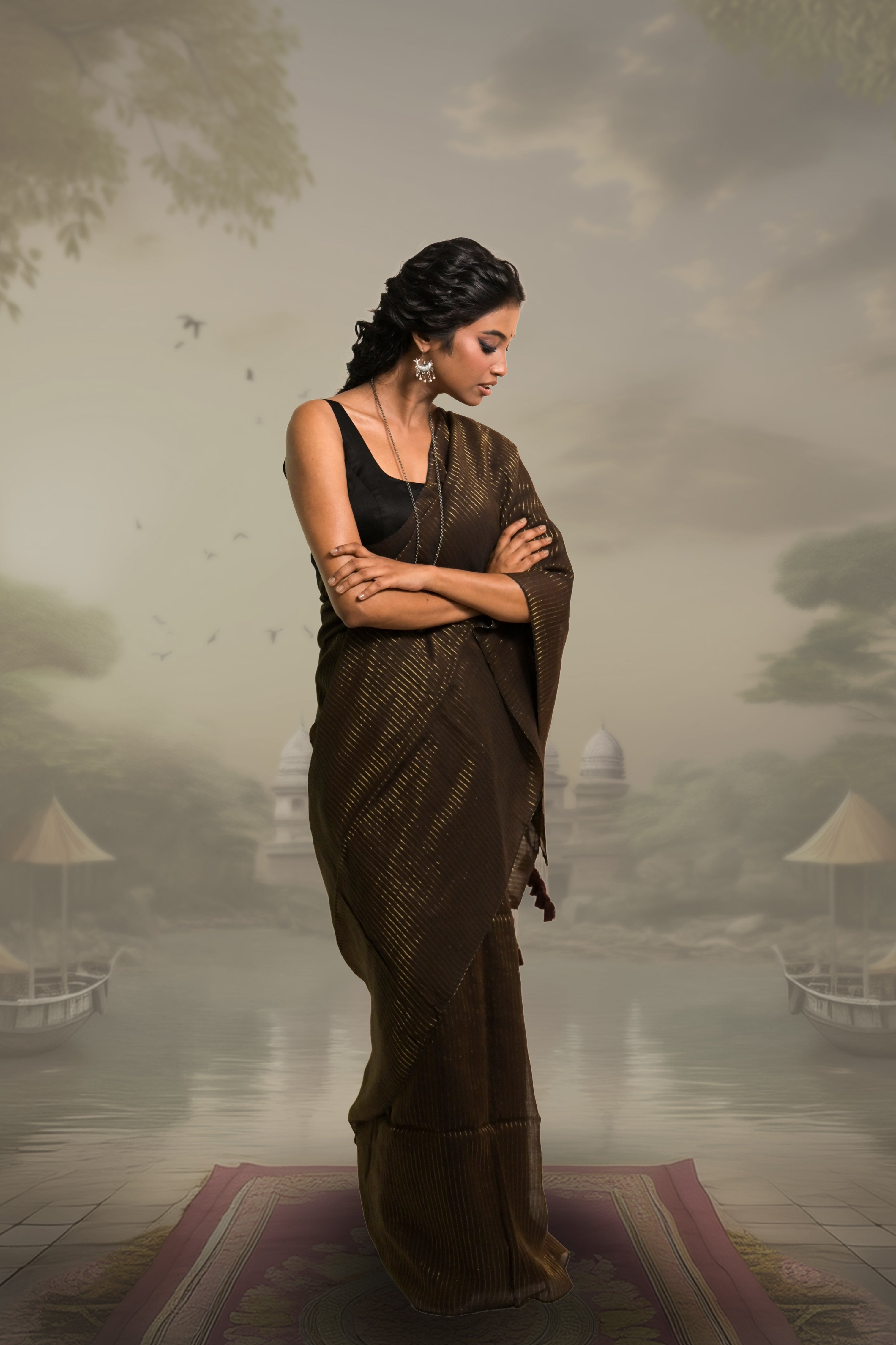 Dark Brown Handloom Mul Cotton Zari Striped Saree With Black Silk Sleeveless Blouse Combo(Zari Mridang+Galaxy)
