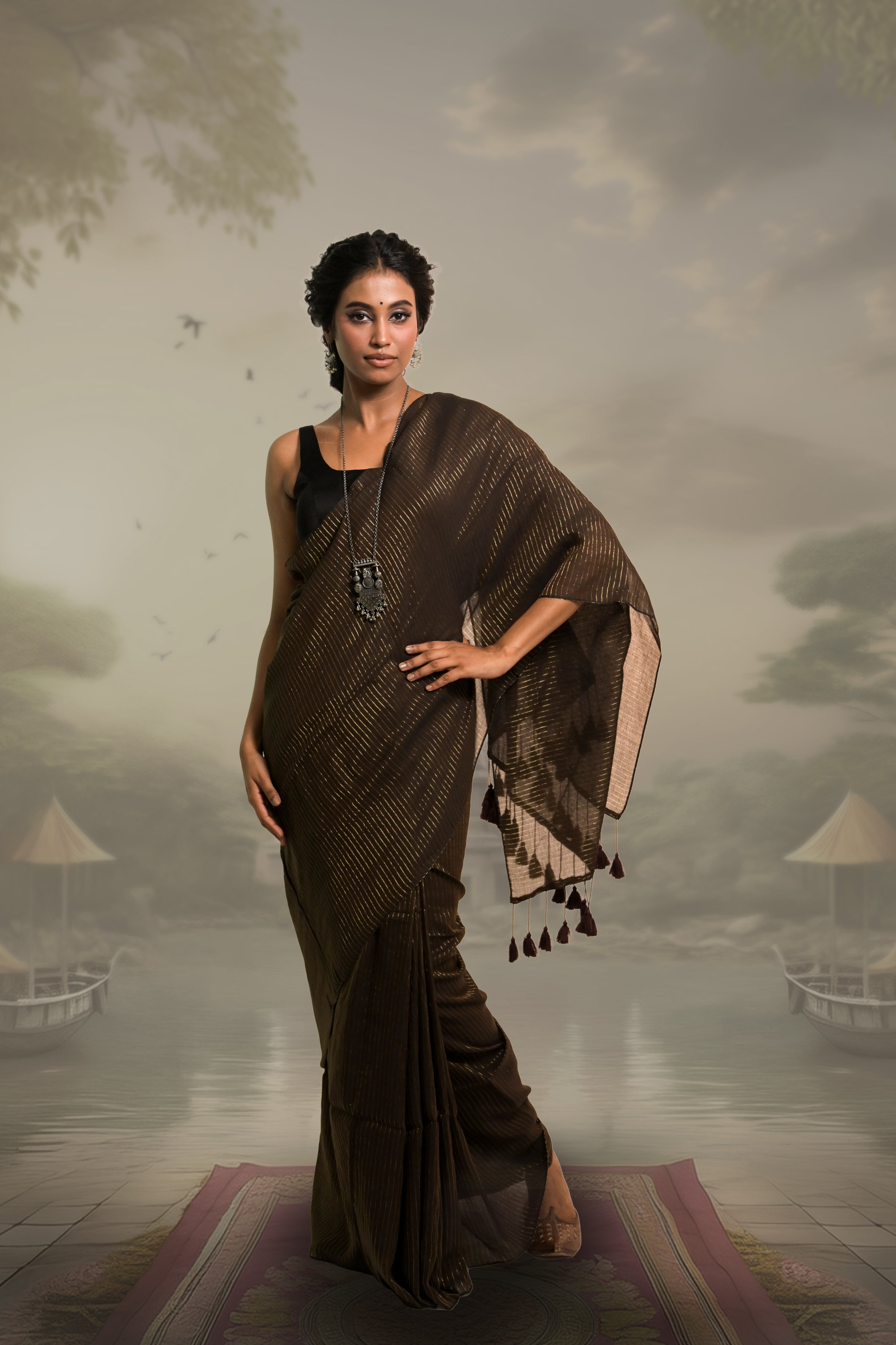 Dark Brown Handloom Mul Cotton Zari Striped Saree With Black Silk Sleeveless Blouse Combo(Zari Mridang+Galaxy)