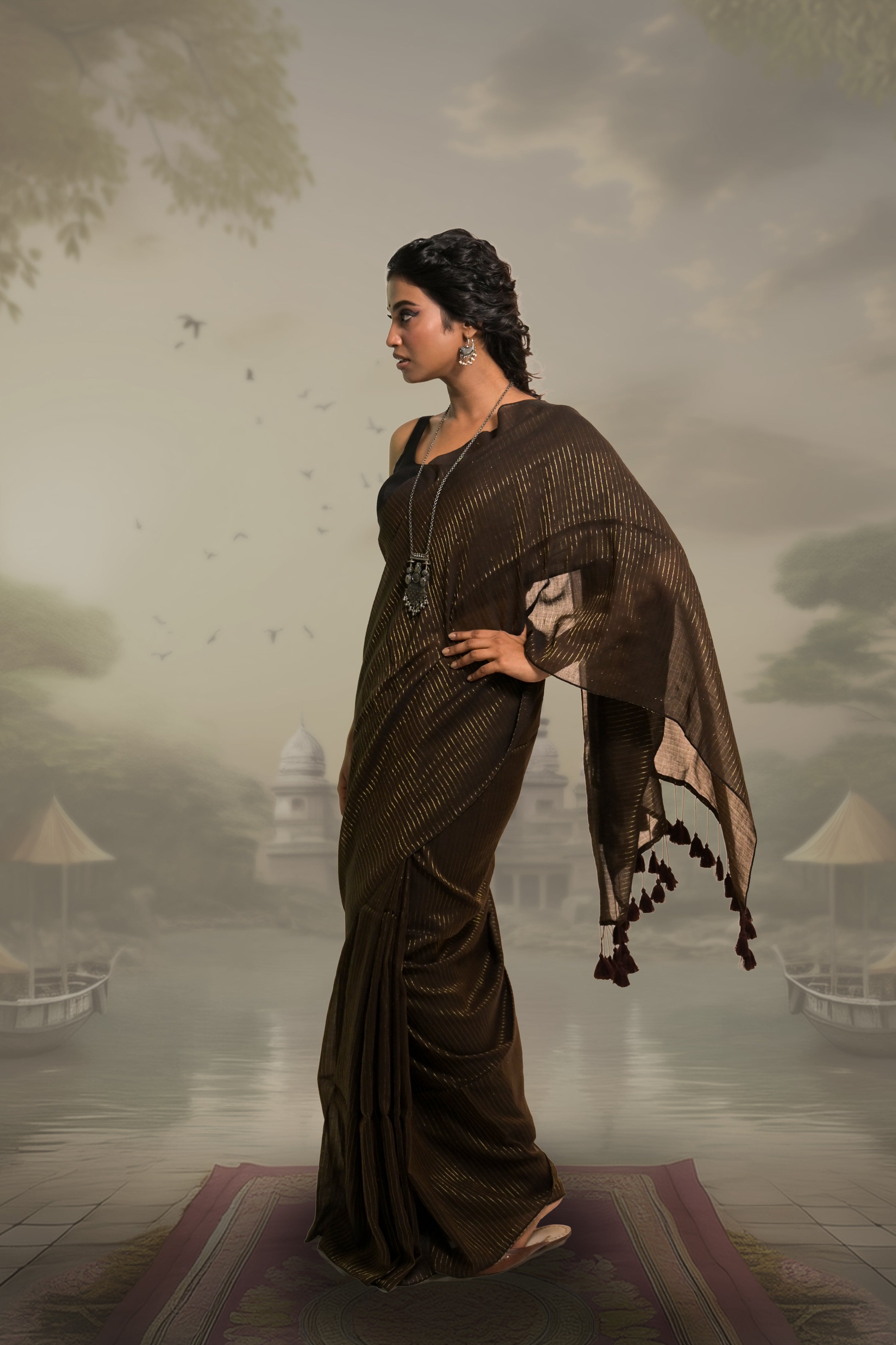 Dark Brown Handloom Mul Cotton Zari Striped Saree With Black Silk Sleeveless Blouse Combo(Zari Mridang+Galaxy)