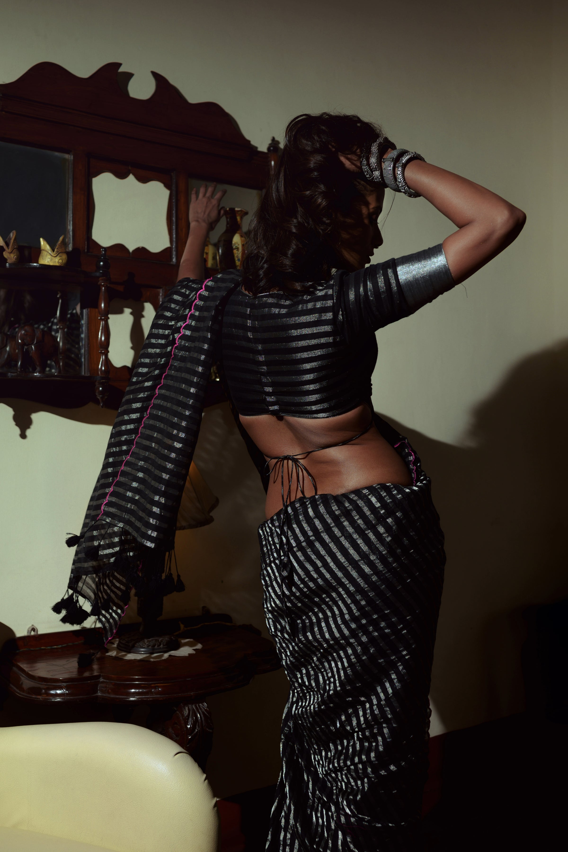 Femme Fatale I Maroon Handloom Cotton Saree With Zari Stripes And Scaloped Border main image 0