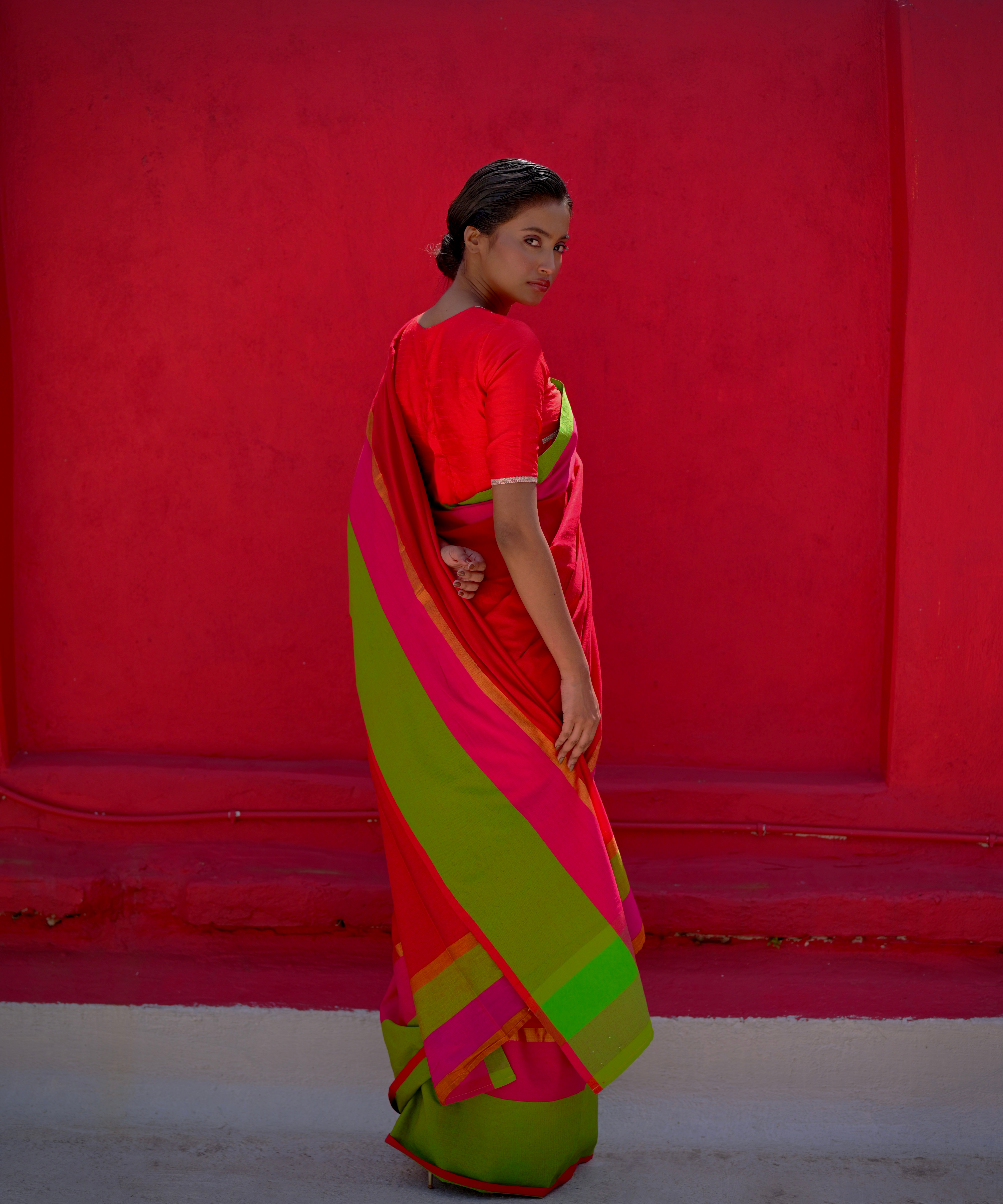 Kamini I Red Handloom Cotton Acrylic Saree With Green Border