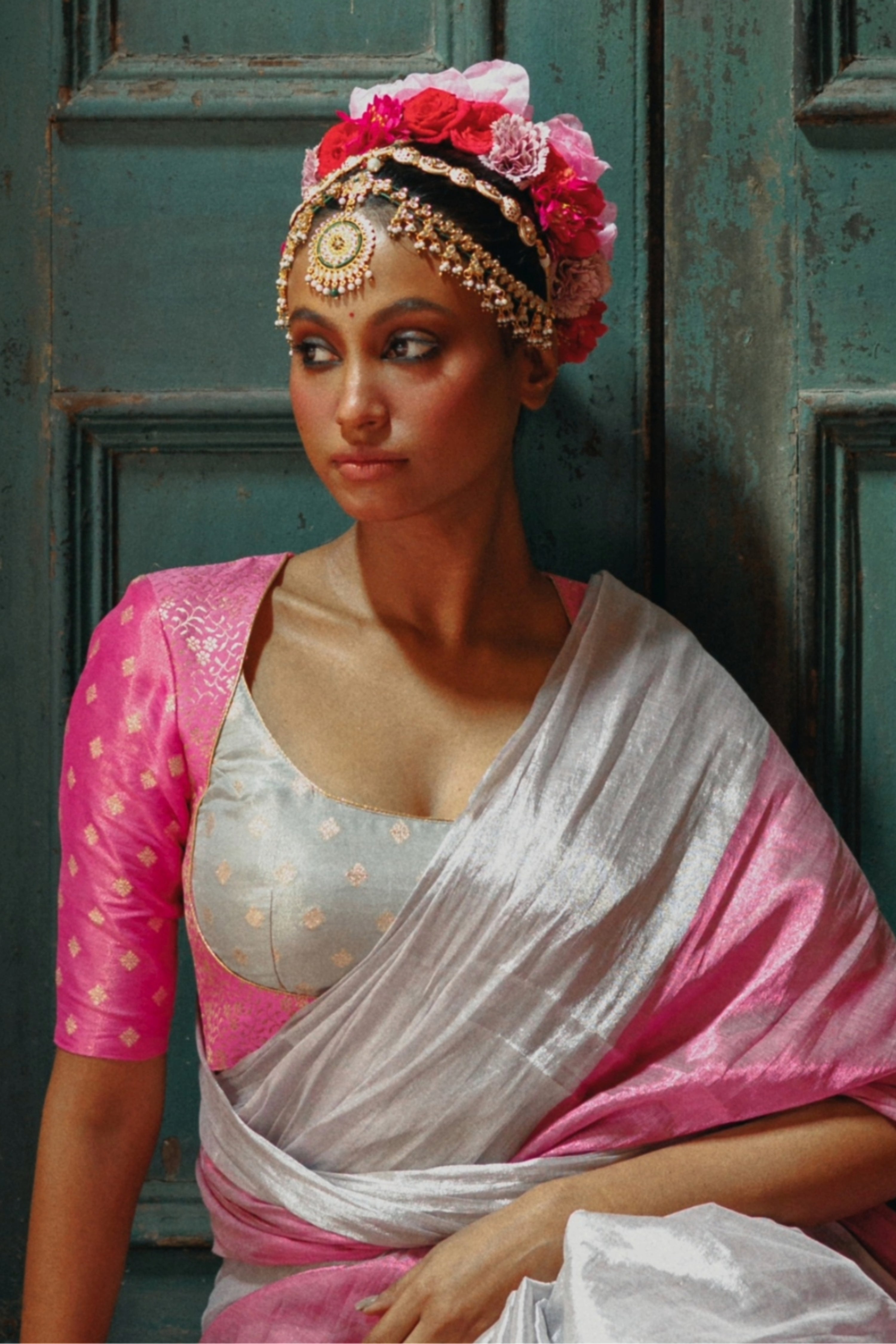 Chandrika I White and Pink Brocade Blouse with Scoop Neckline