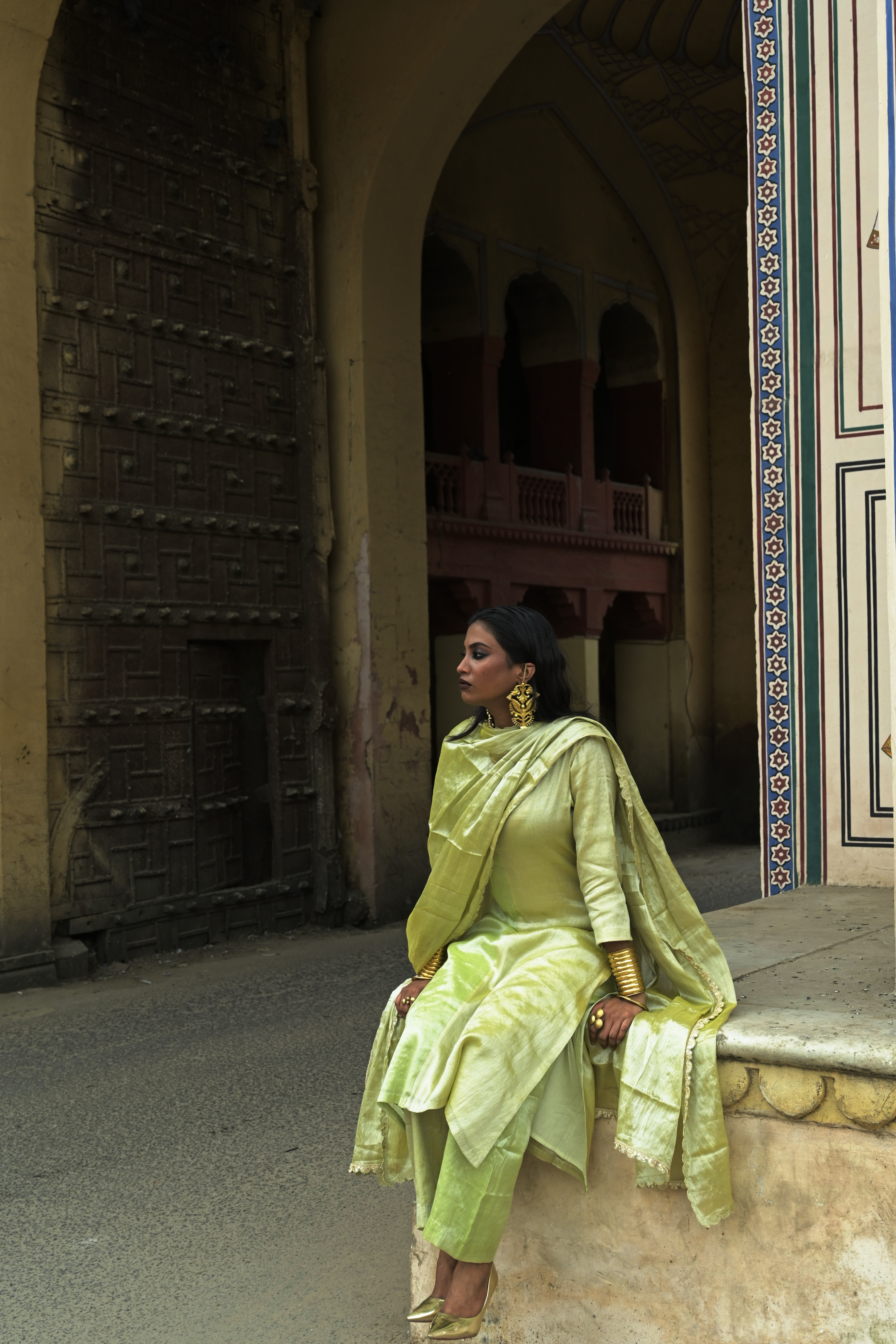 Akshata I Neon green and neon yellow handloom tissue kurti pant set with Dupatta