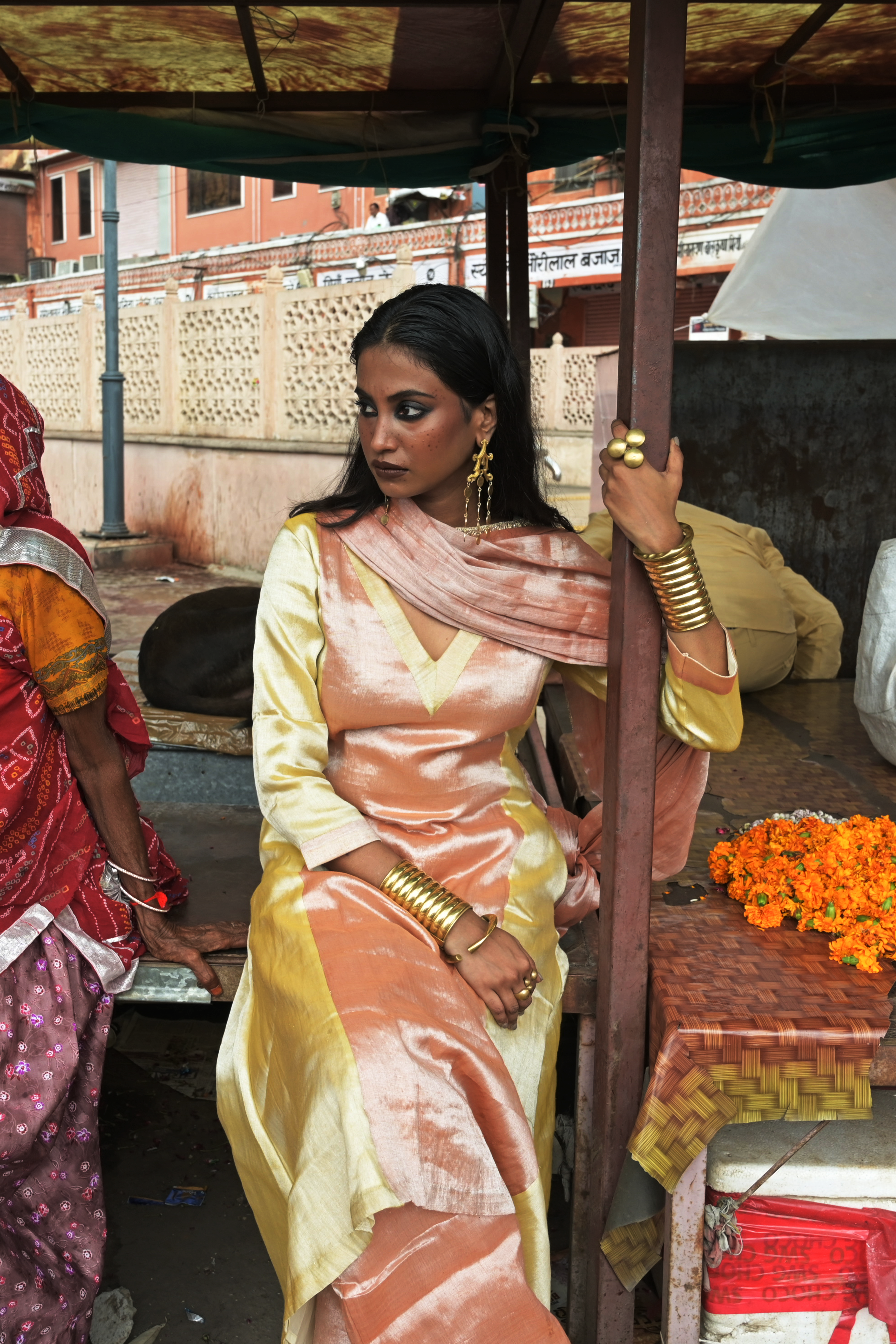 Amaraya I Neon orange and  neon yellow double colour Handloom Tissue Kurti pant set with Dupatta