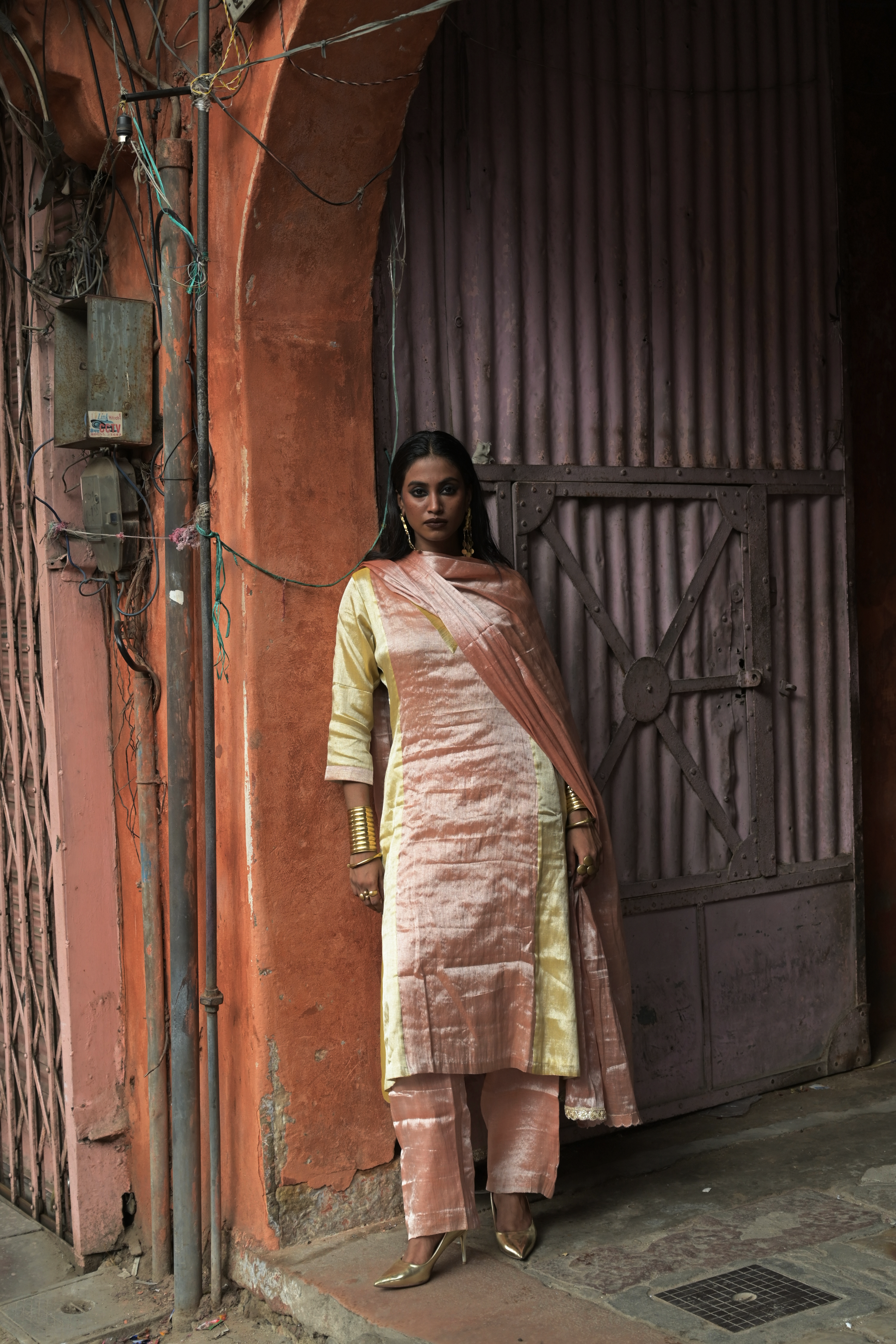 Amaraya I Neon orange and  neon yellow double colour Handloom Tissue Kurti pant set with Dupatta
