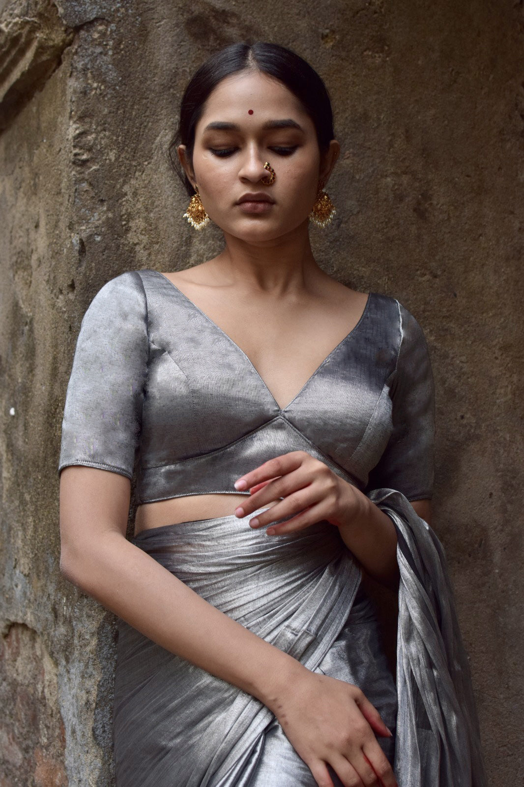 Buy Grey Saree Pure Georgette Embroidered Sequins Round Blouse And Set For  Women by Harshita Jain Online at Aza Fashions.