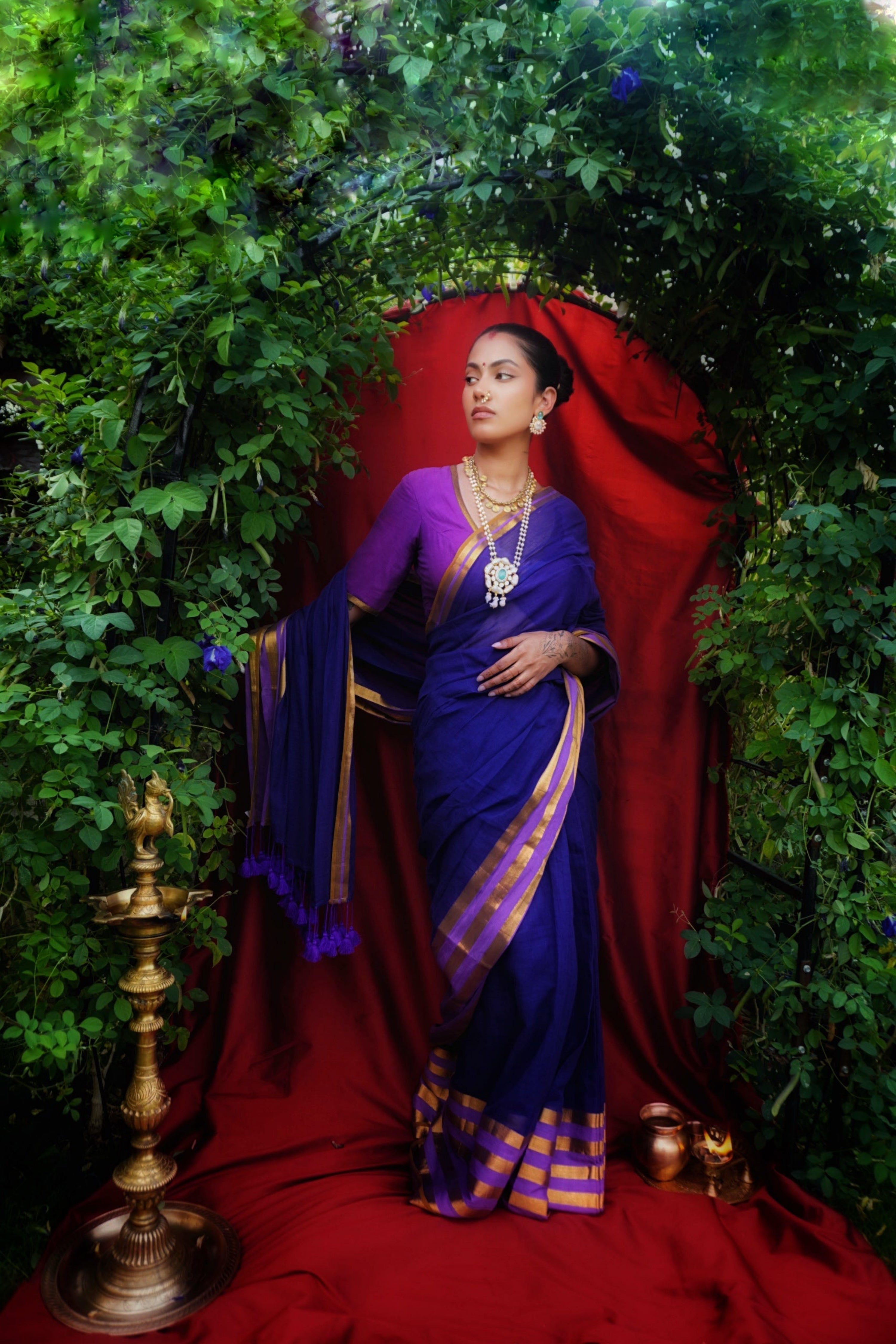 Handwoven Blue Cotton Saree with Striped Border along with Ready to Wear Purple Blouse Combo (Kanakavali & Kairali)
