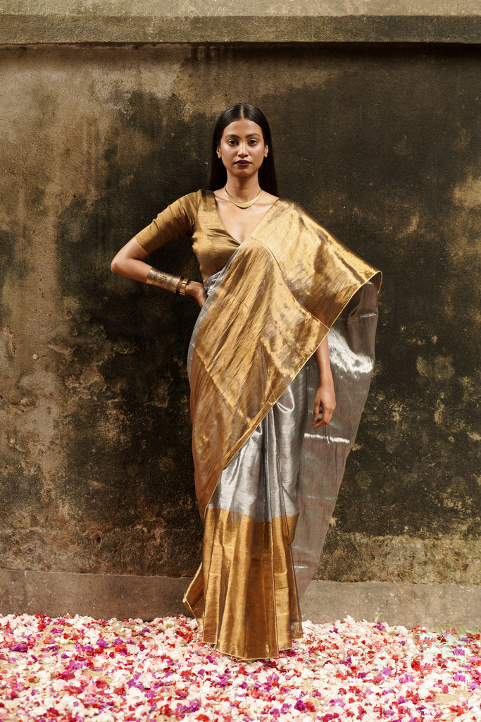 Draped in Metallic Gold! | Red kanchipuram saree bride, Pure silk sarees, Golden  saree