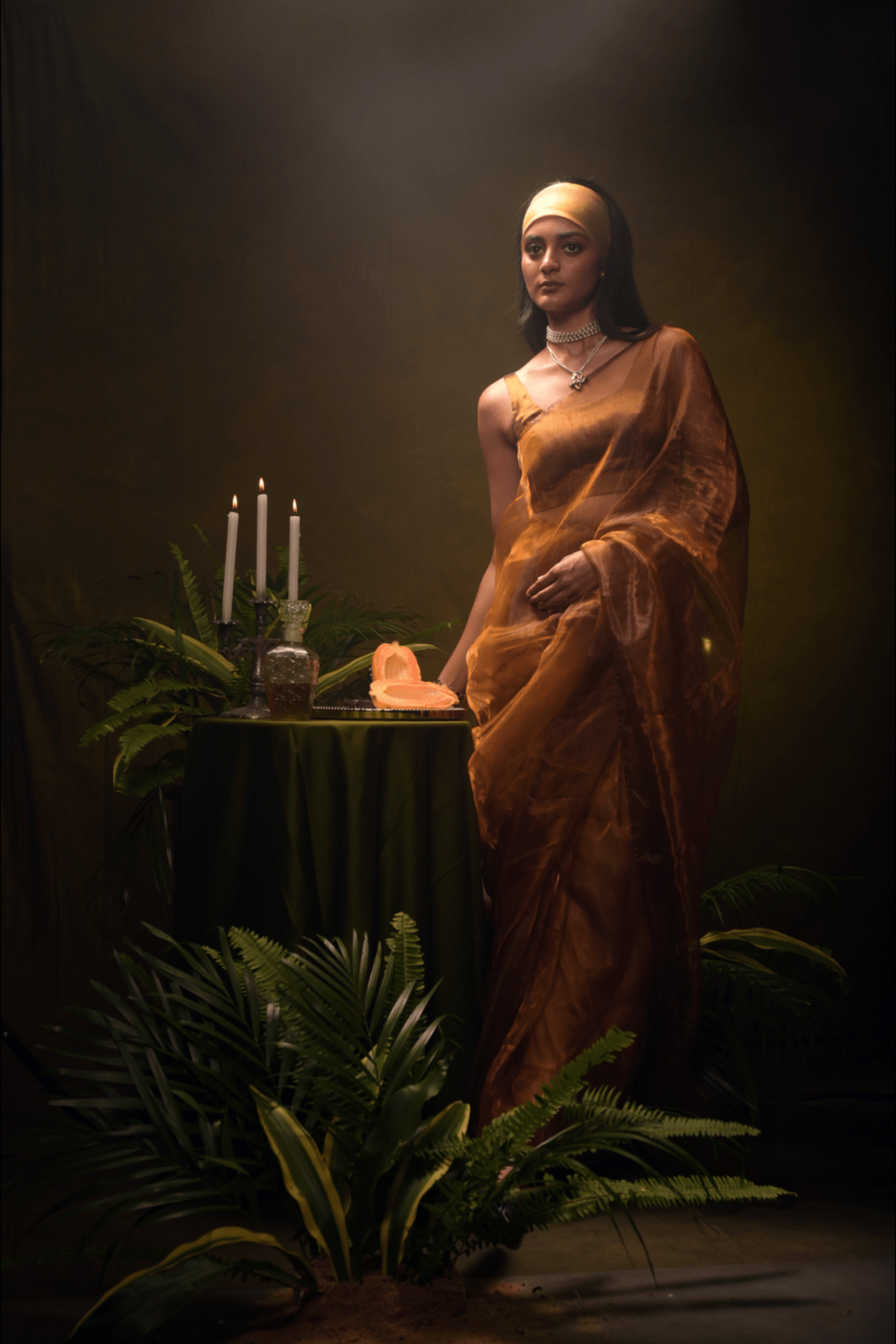 Golden Organza Tissue Saree with Ready to Wear Tissue Sleeveless Blouse Combo (Champagne Cascades & Champagne Brust)