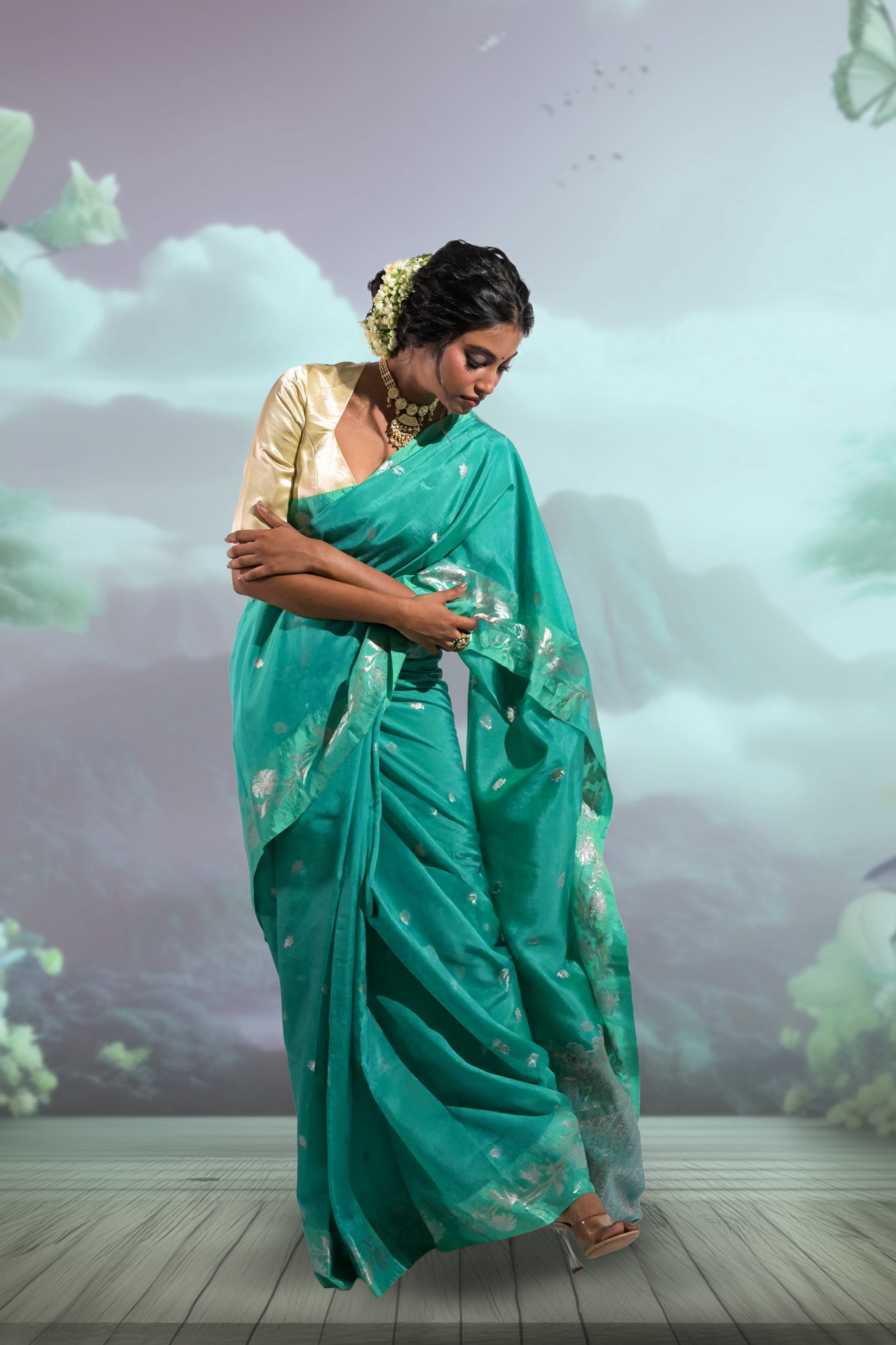 green-coloured-banarasi-saree-with-floral-zari-border