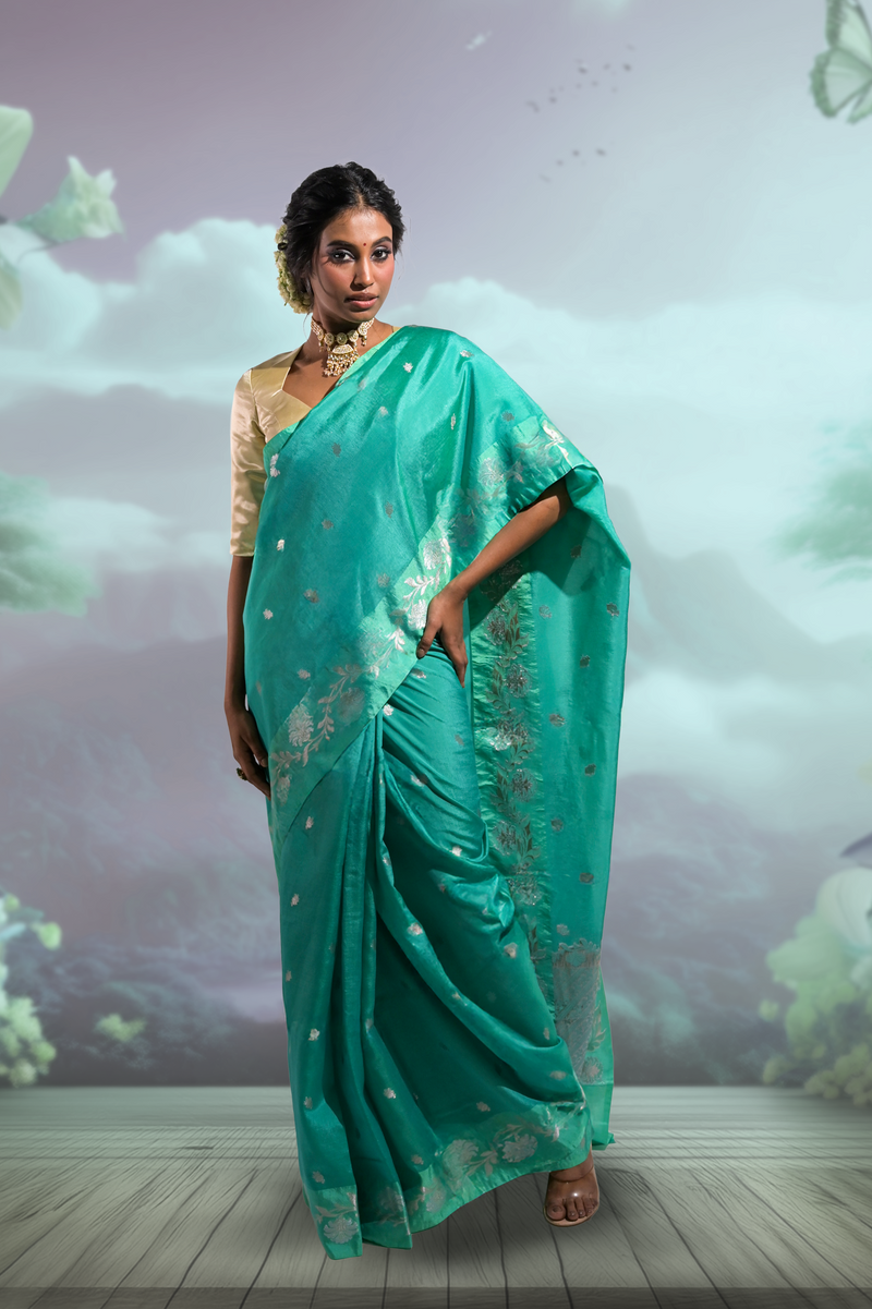 Banarasi Tissue Saree With Zari Weaving & Scallop Border - Green main image 0