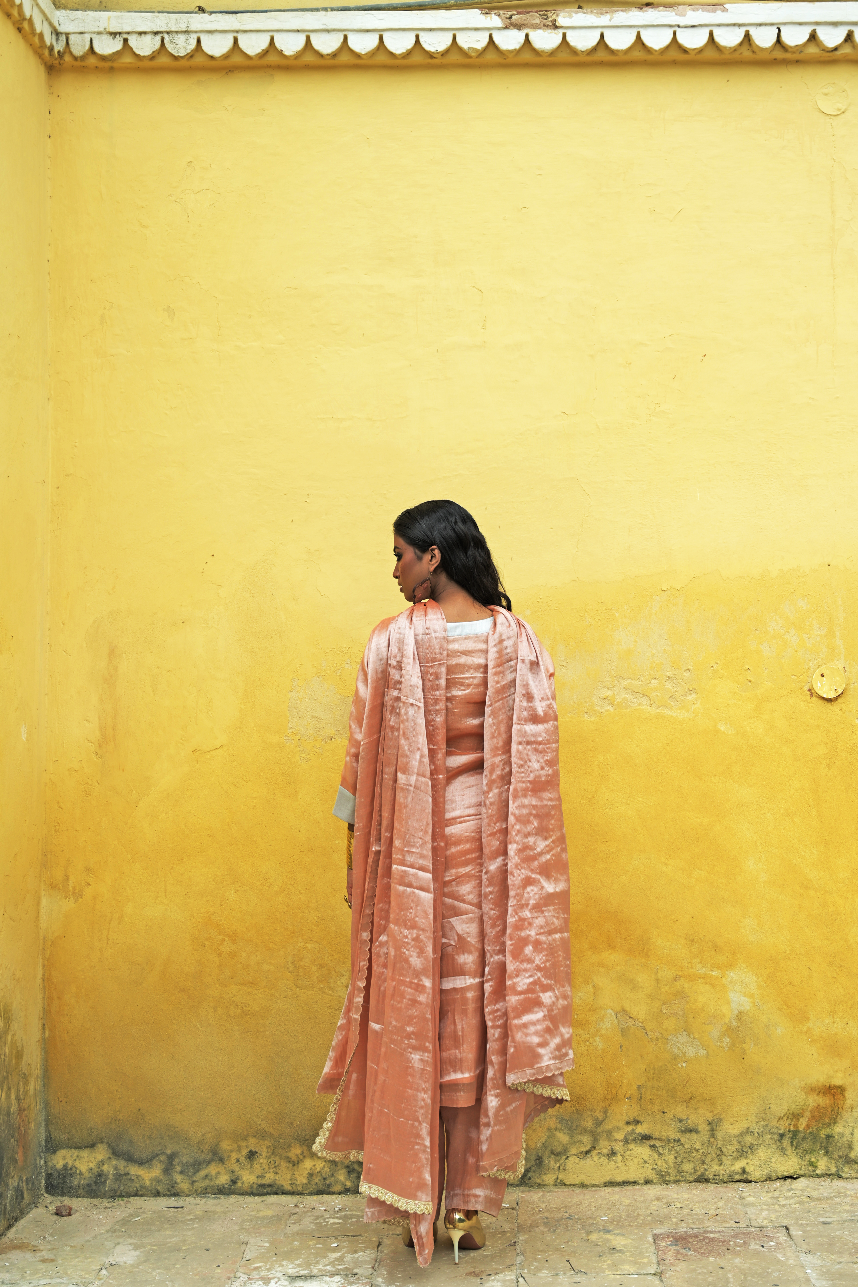 Anantya I Neon orange Handloom Tissue Kurti Pant Set with Dupatta