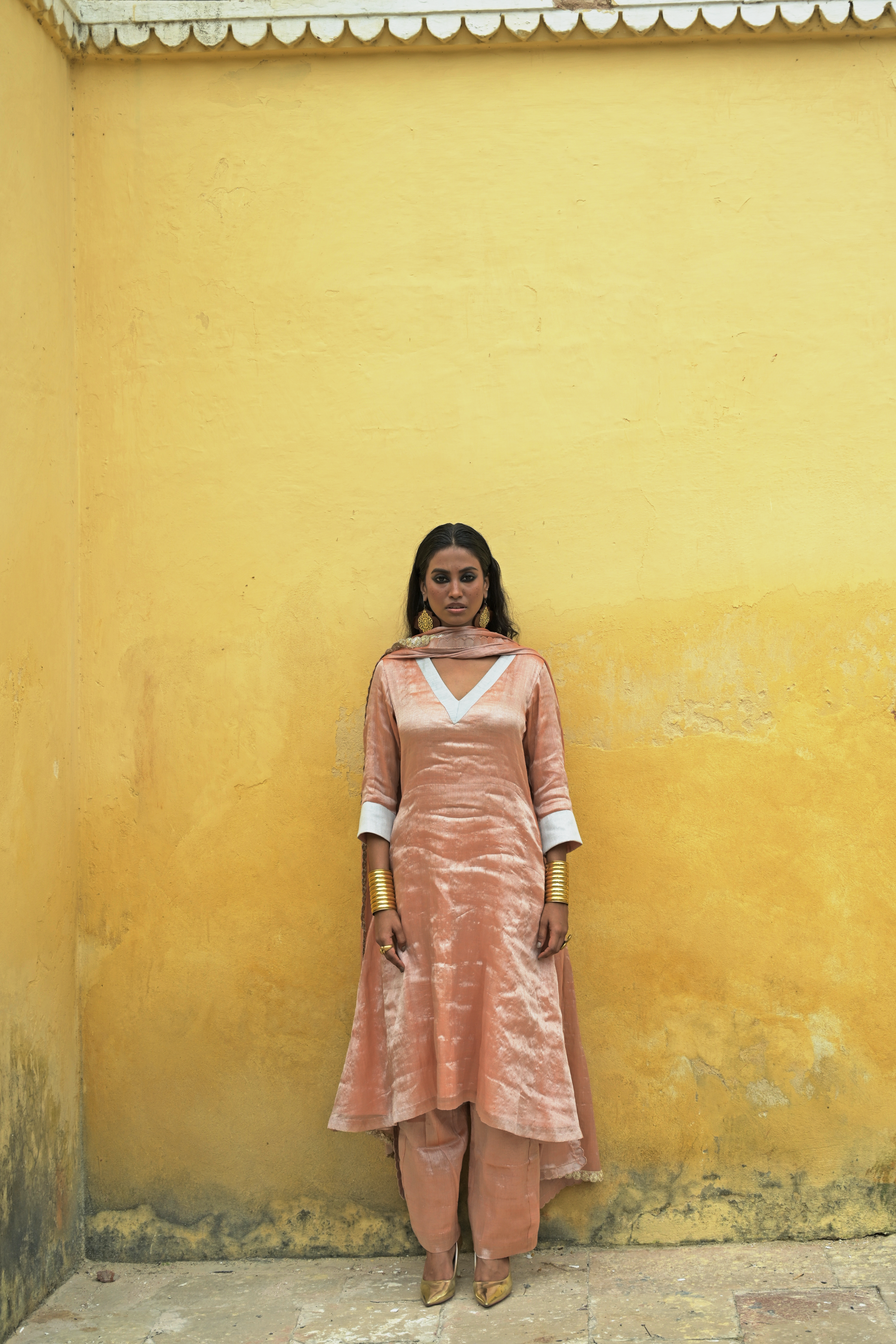 Anantya I Neon orange Handloom Tissue Kurti Pant Set with Dupatta