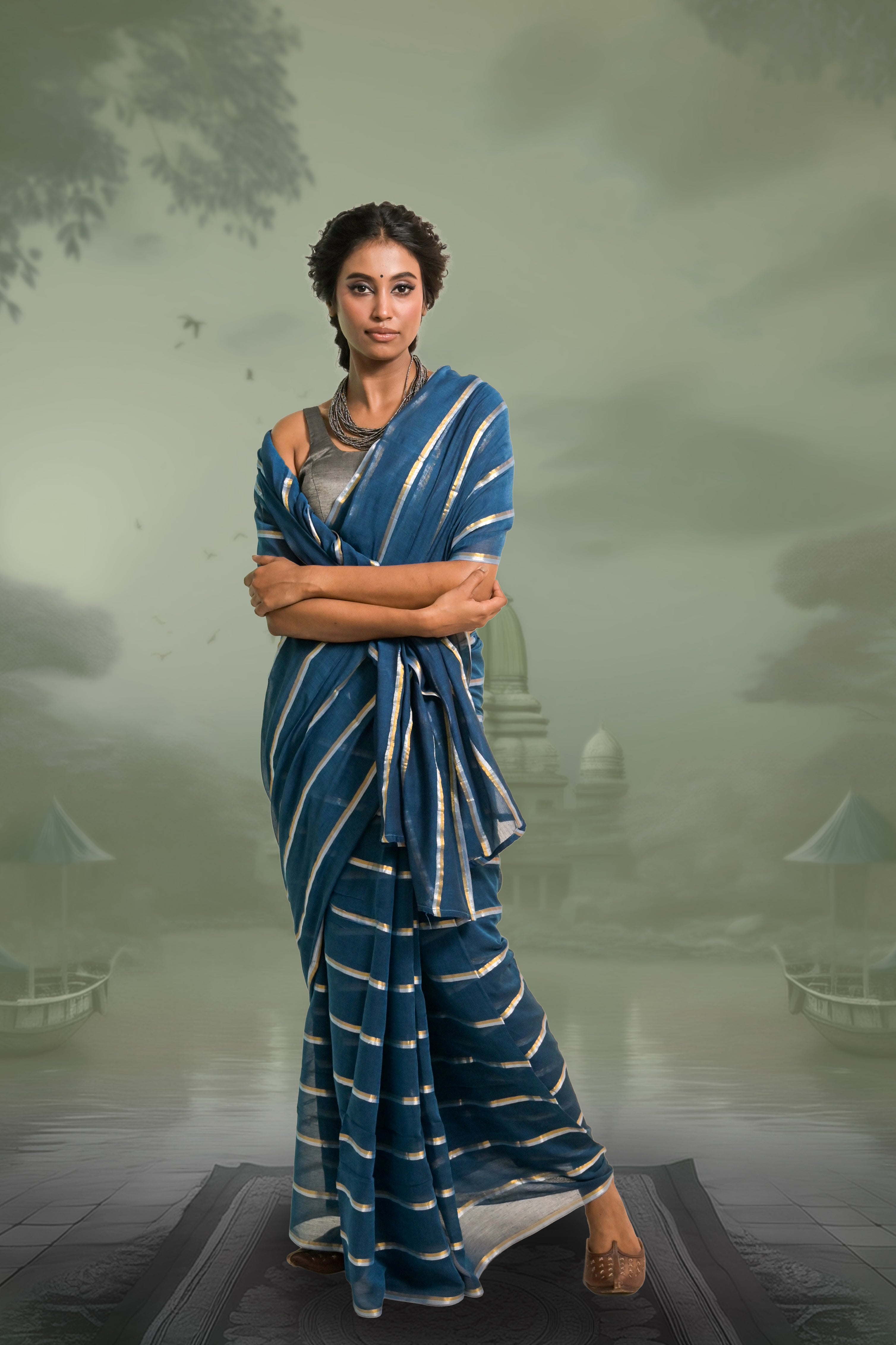 handwoven-blue-coloured-saree-with-stripes