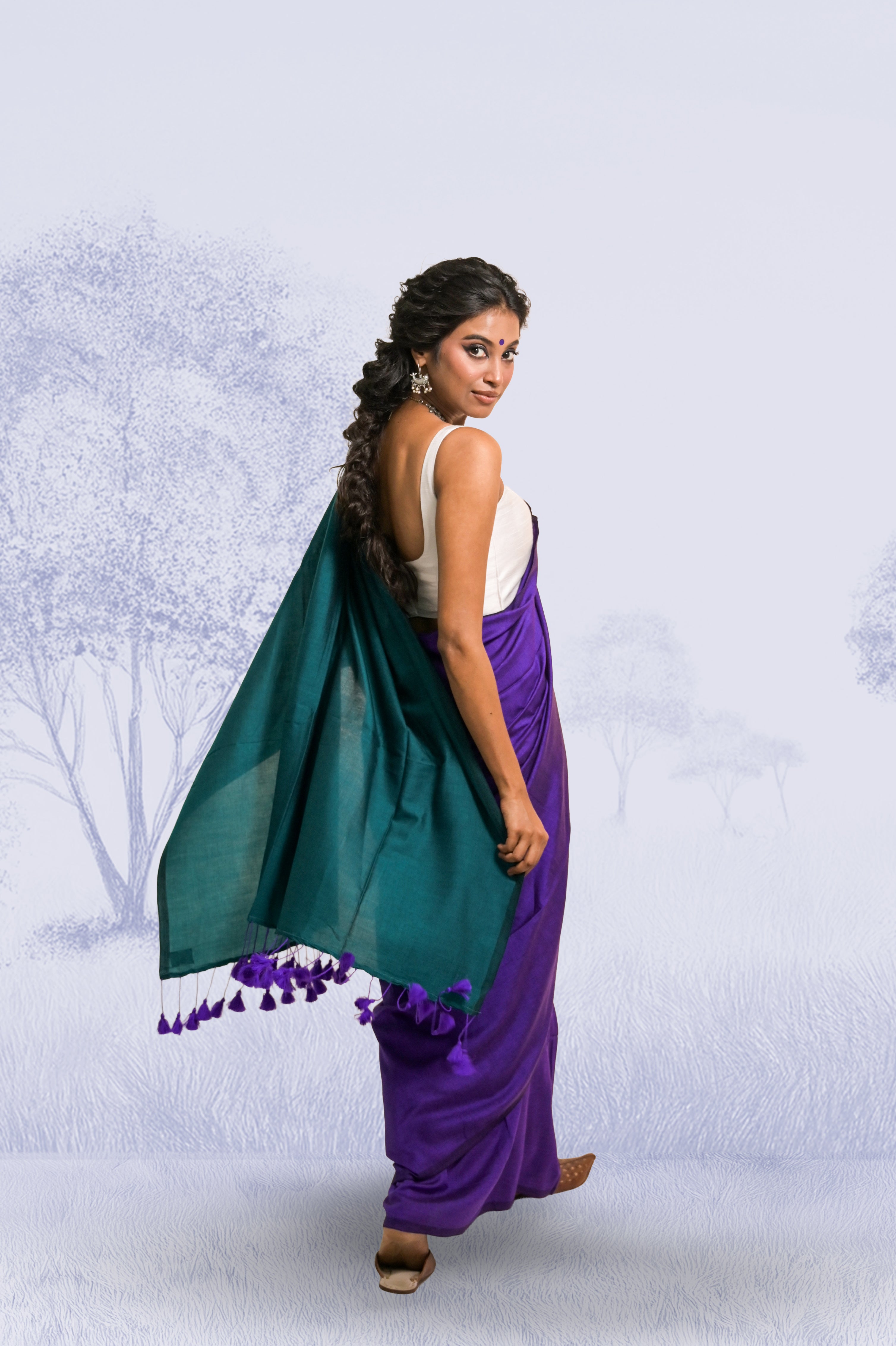 Purple Handloom Cotton Acrylic Saree with White Silk Sleeveless Blouse Combo(Hawa Hawai+Snowdrop)