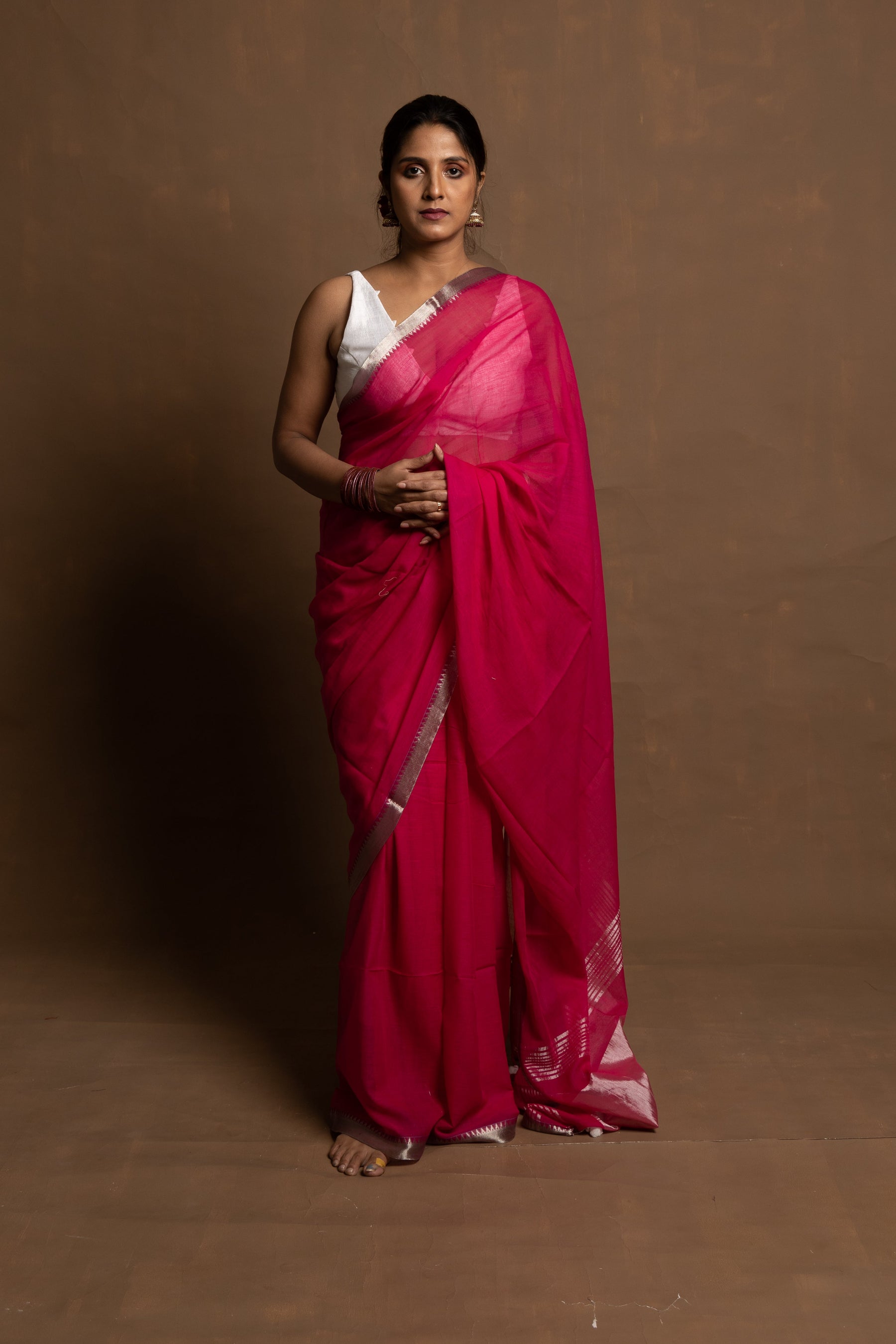 Gulab phool I Pink handloom mul cotton saree with zari border