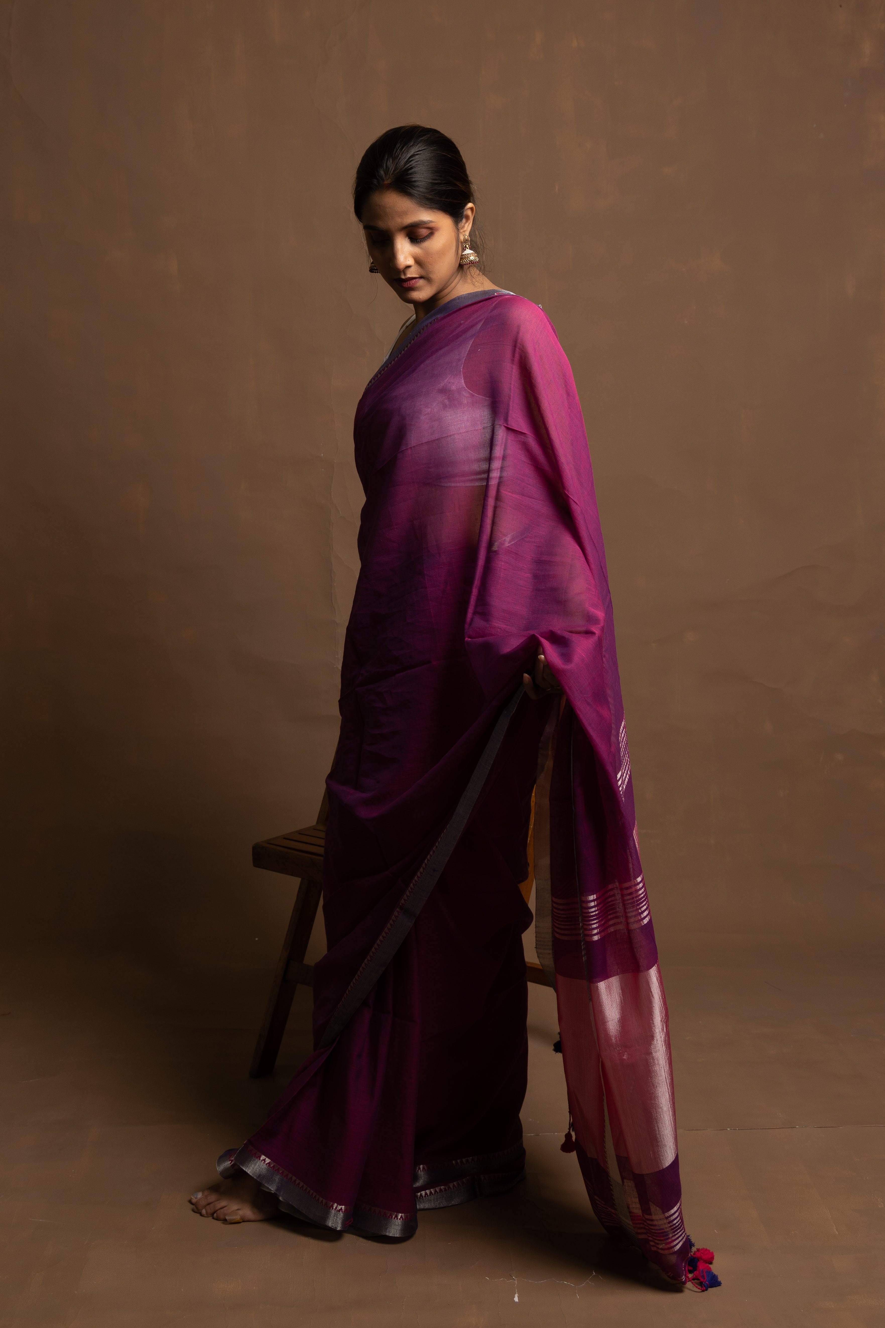 Eternal Purple Flower | Handloom Purple Cotton Saree With Zari Border