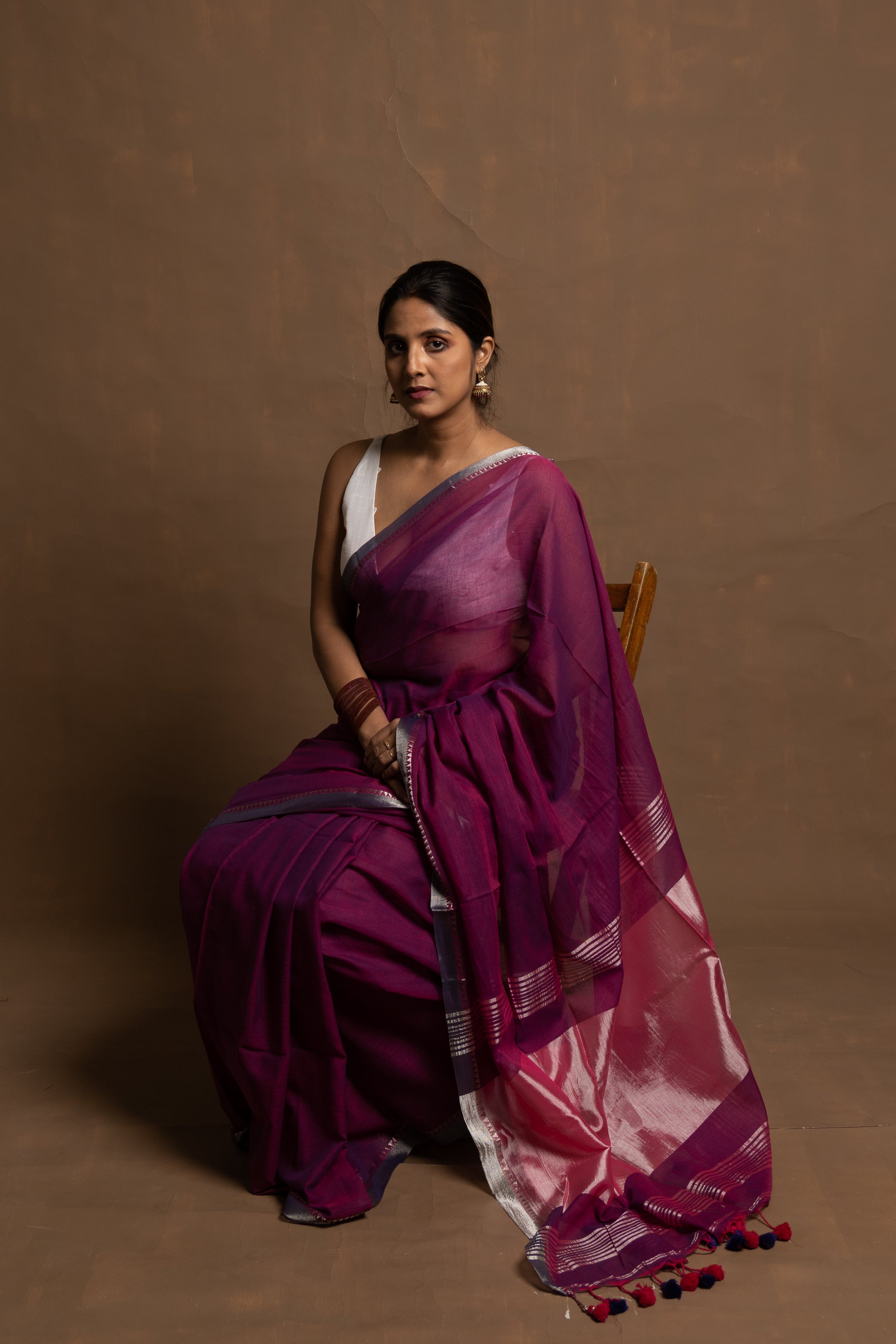 Eternal Purple Flower | Handloom Purple Cotton Saree With Zari Border
