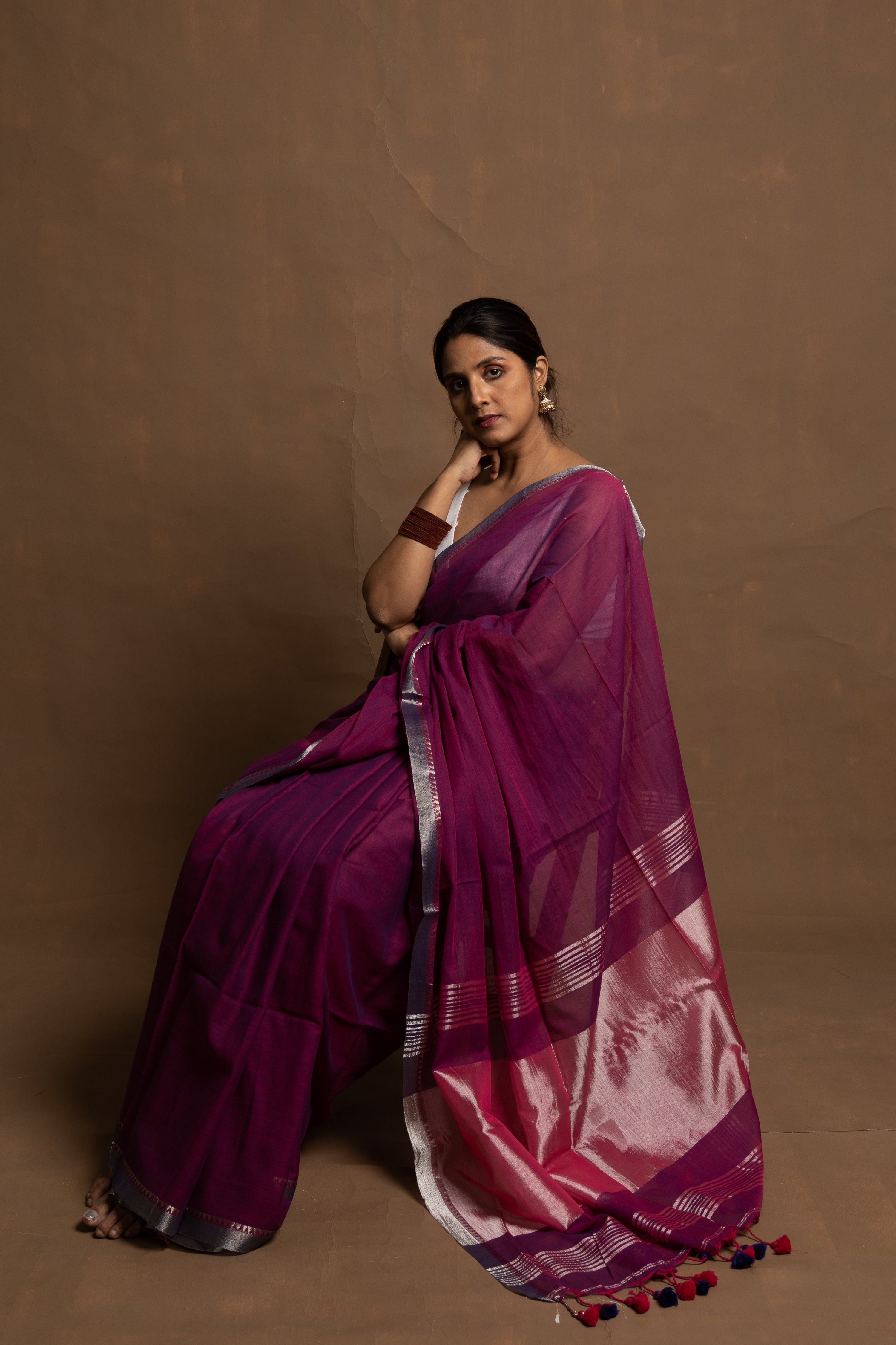 Eternal Purple Flower | Handloom Purple Cotton Saree With Zari Border