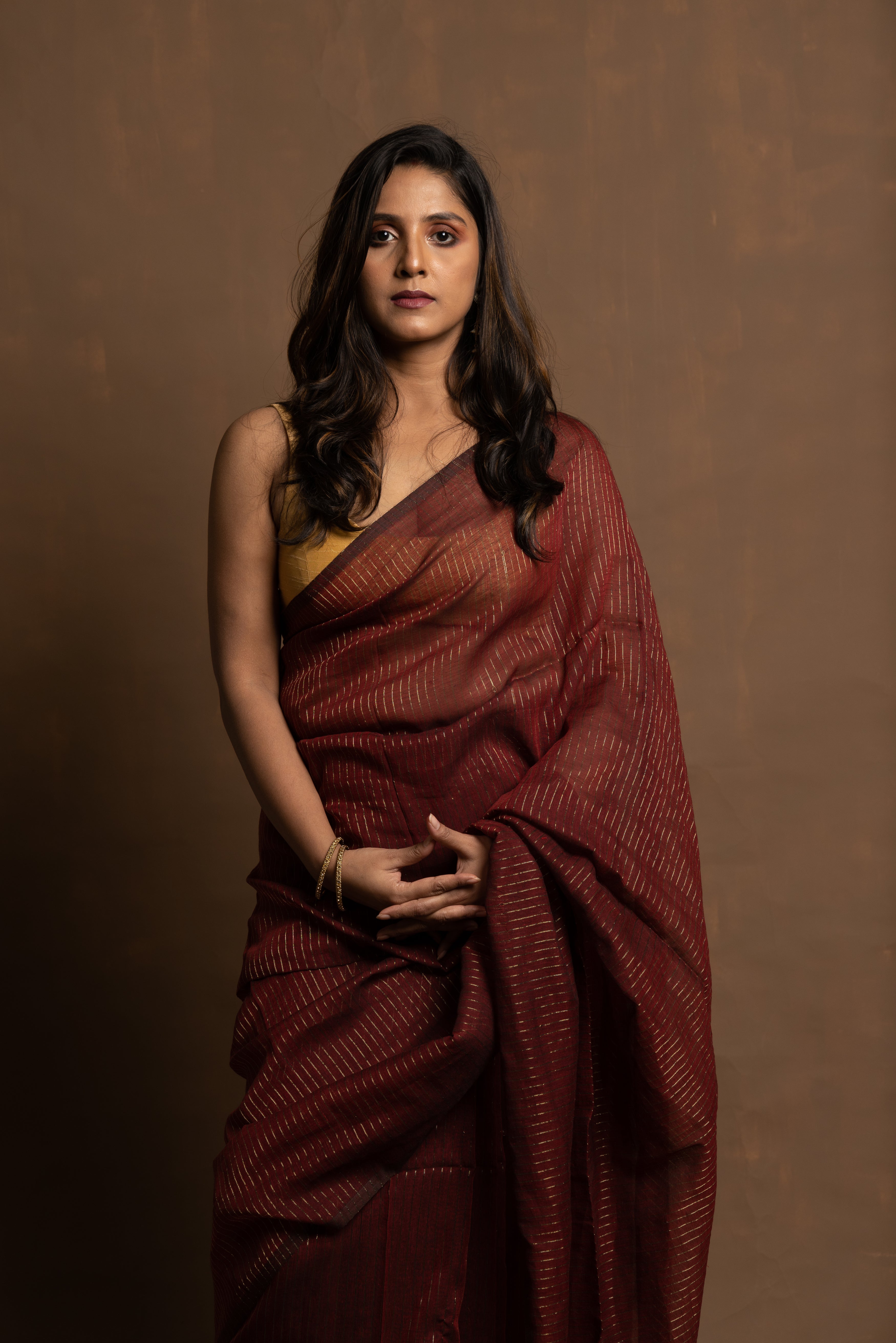 Maroon love story I Maroon cotton saree with zari stripe