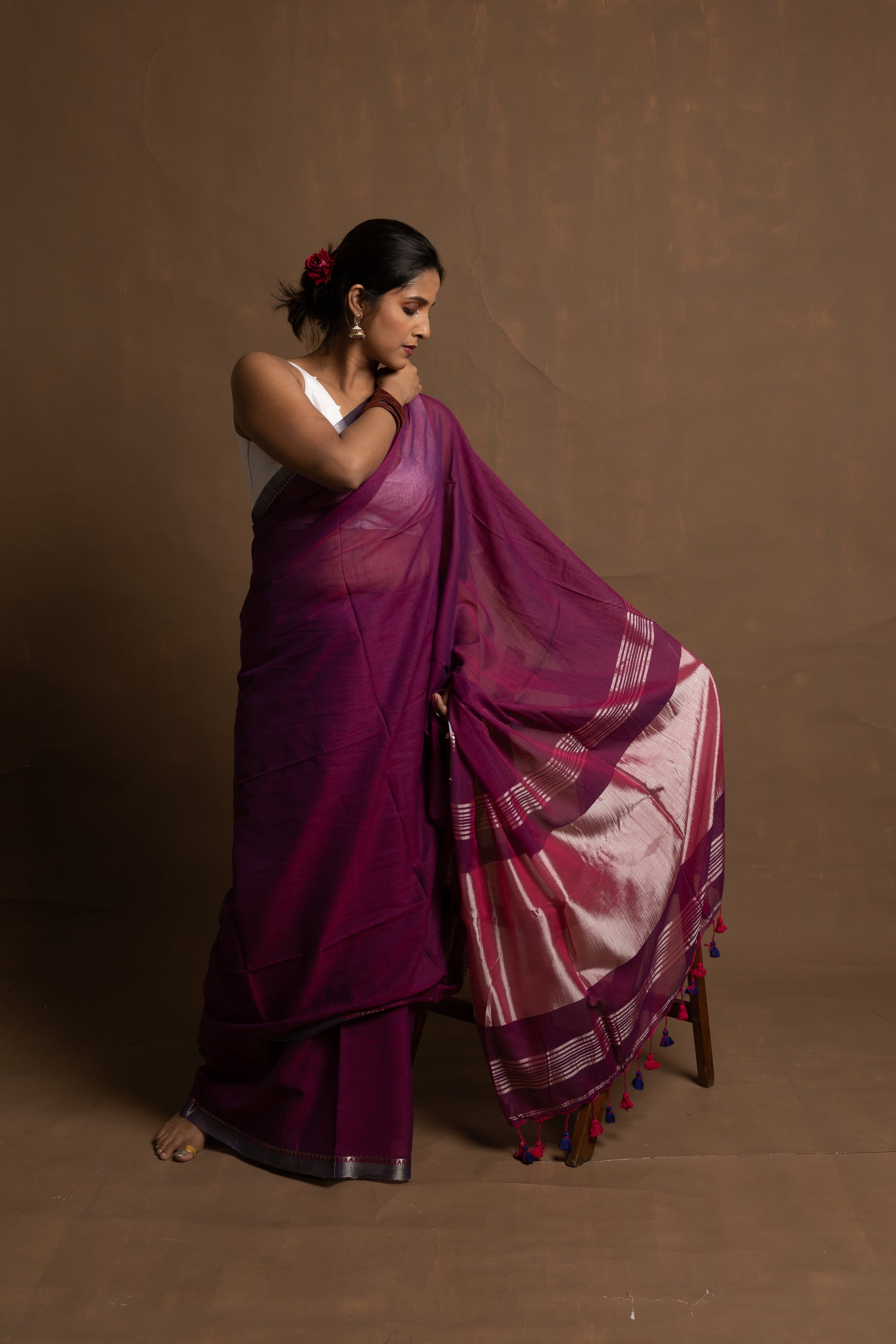 Purple Smocking Saree with Yellow Border