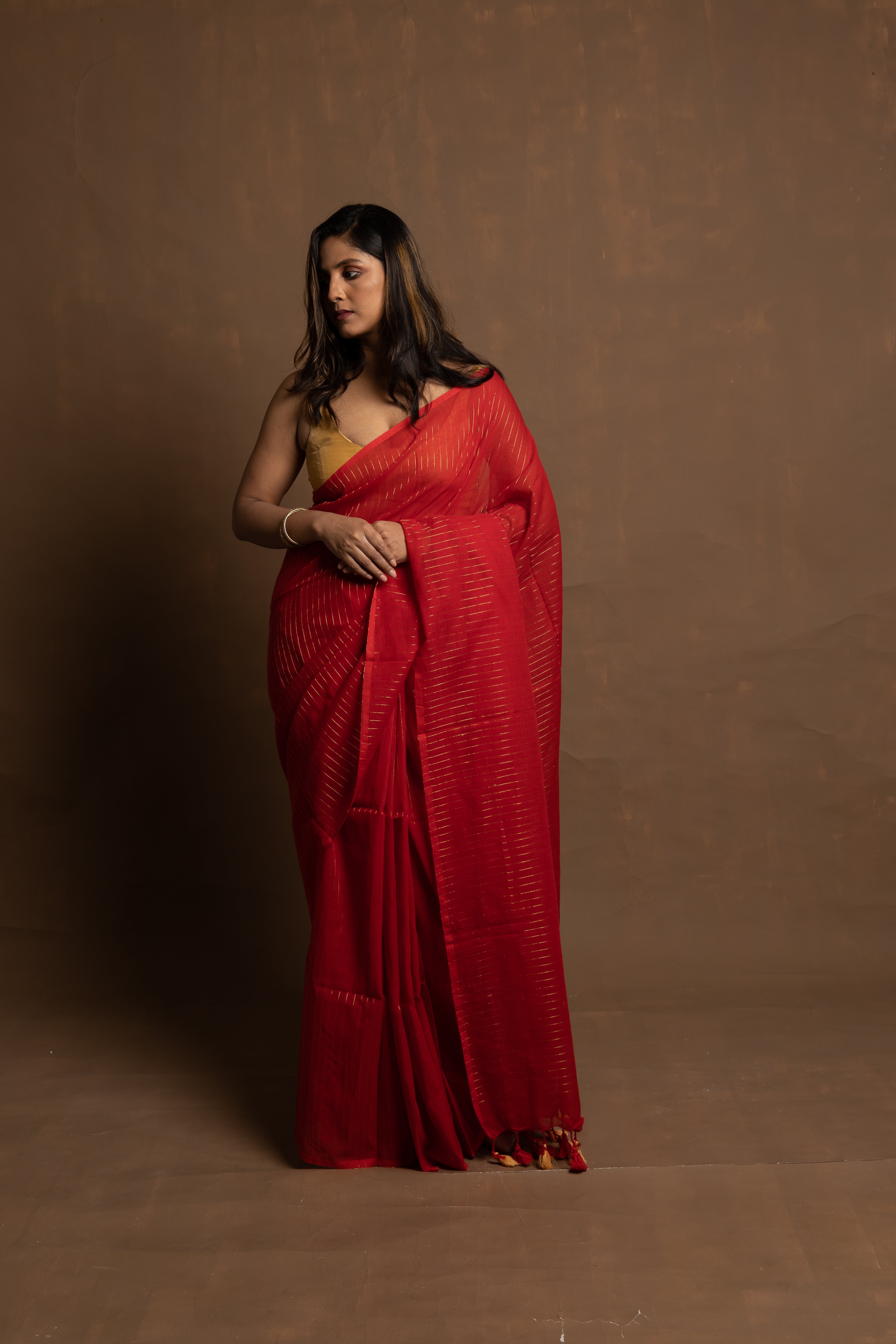 Red Shooting Star I  Red Handloom Saree With Zari Stripes
