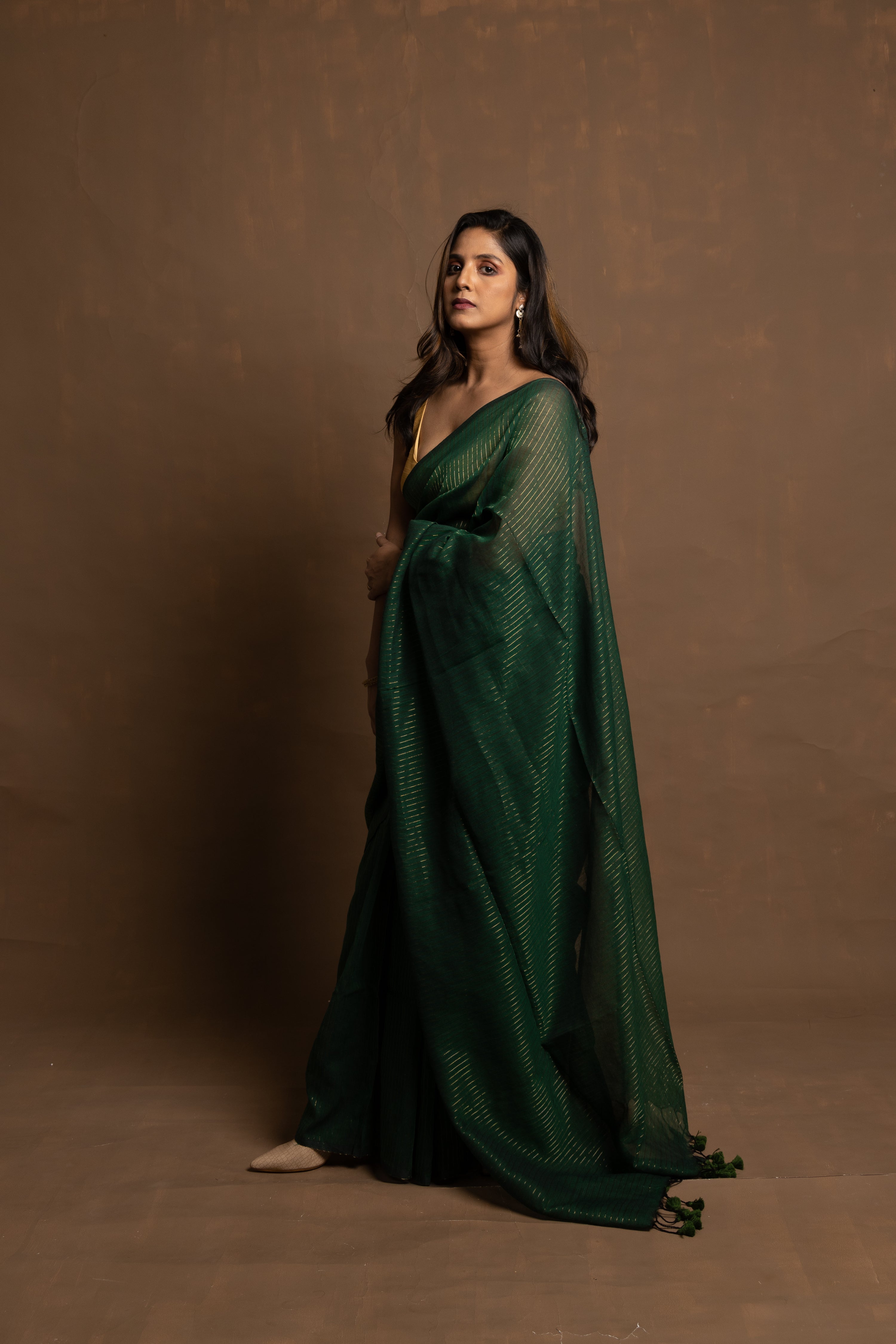 Hara Rang | Deep Green Handloom Cotton Saree With Zari Stripes