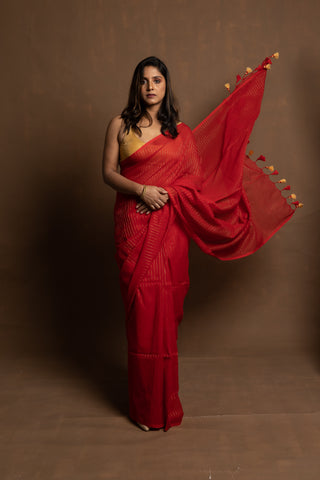 Red Shooting Star I  Red Handloom Saree With Zari Stripes