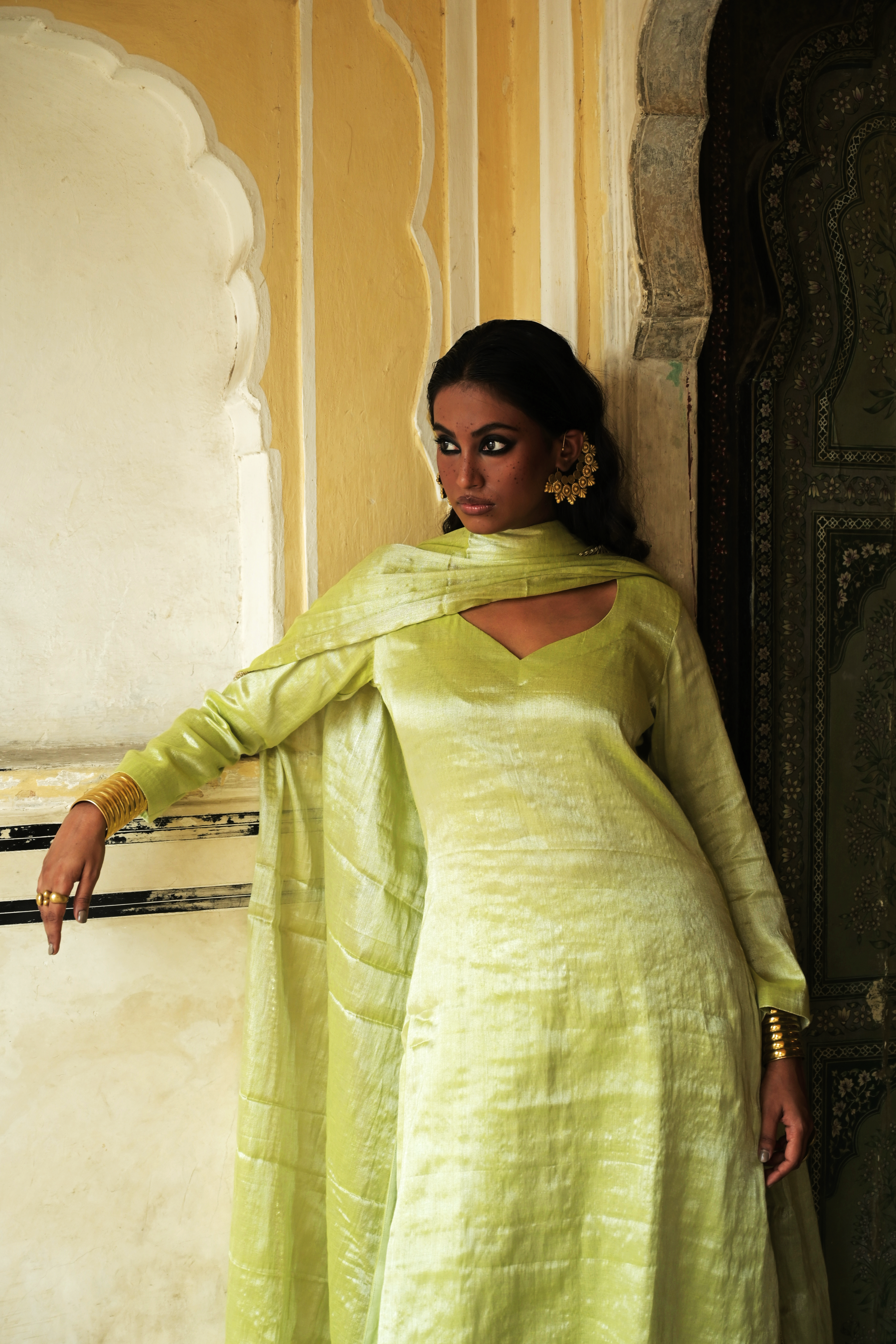 Avyaya I Neon Green Handloom Tissue Kurti Pant Set with Dupatta