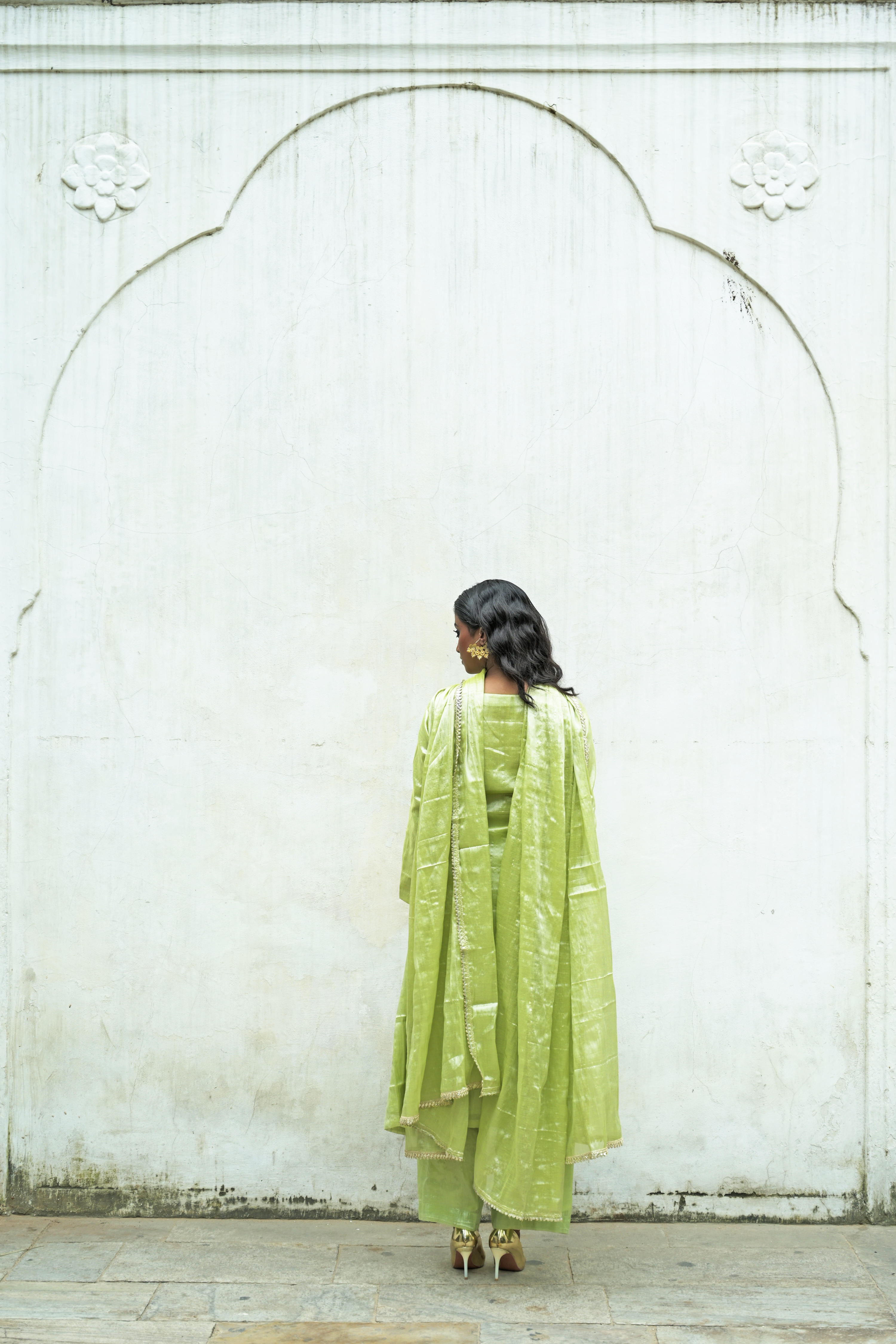 Avyaya I Neon Green Handloom Tissue Kurti Pant Set with Dupatta