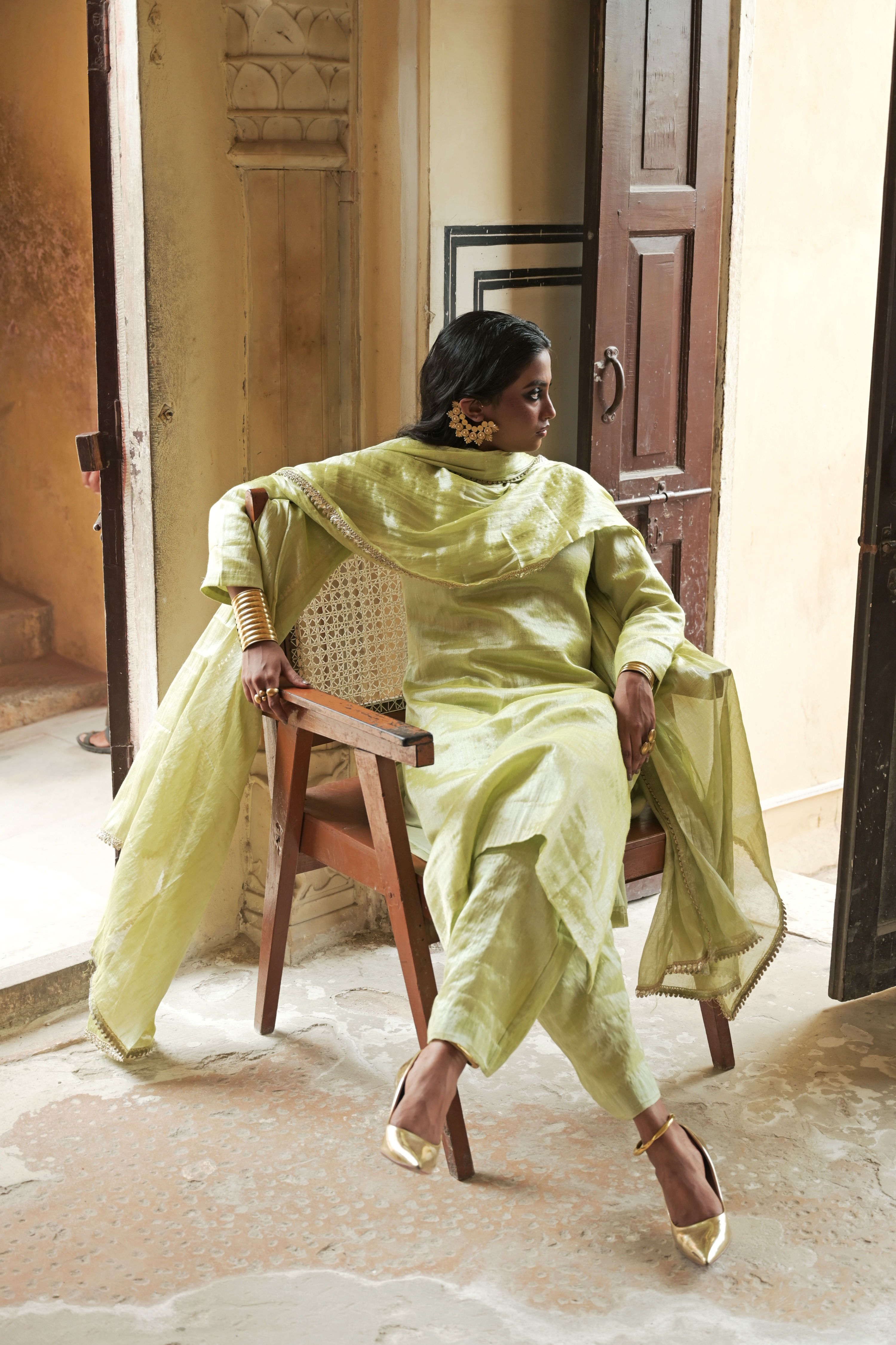 Avyaya I Neon Green Handloom Tissue Kurti Pant Set with Dupatta
