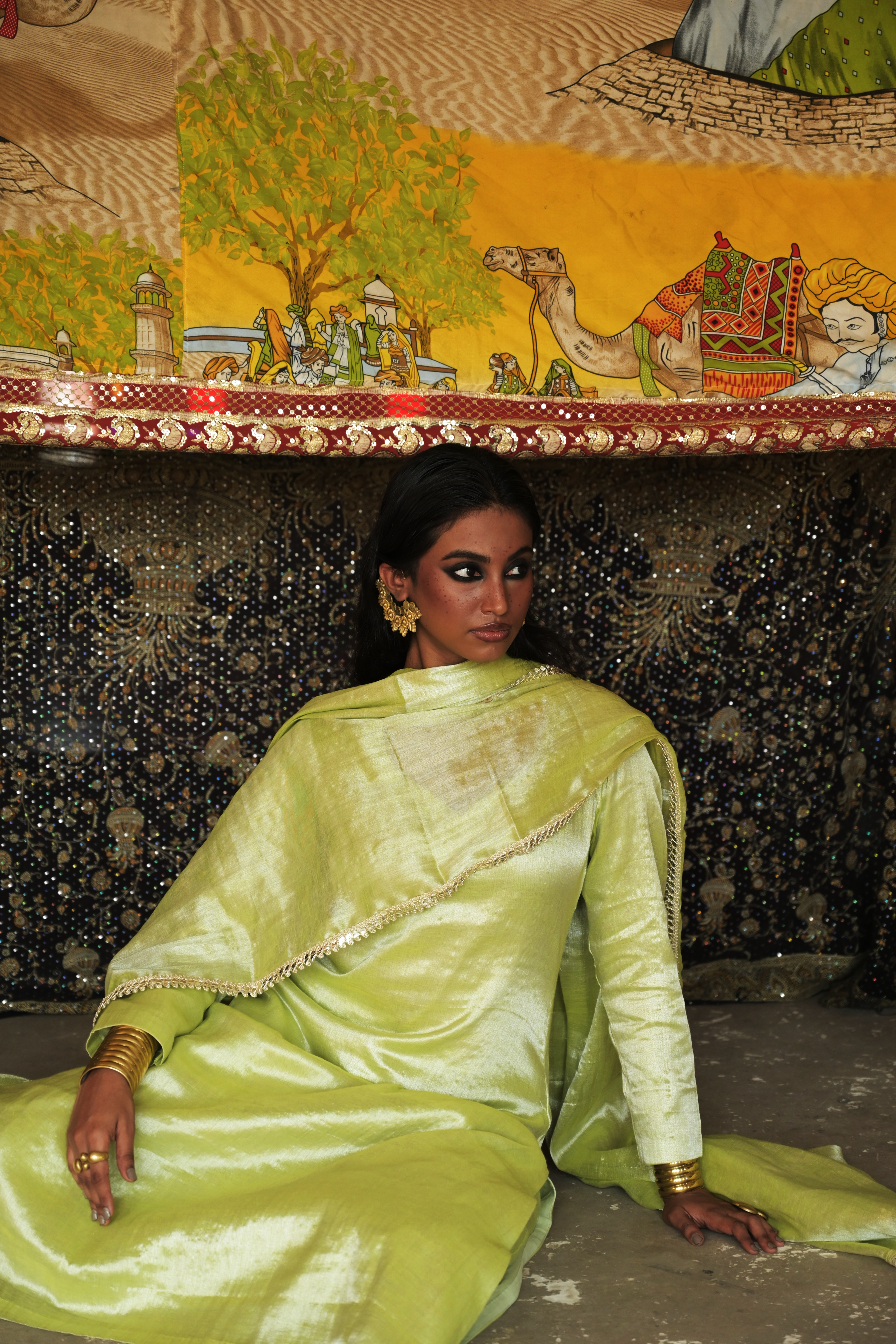 Avyaya I Neon Green Handloom Tissue Kurti Pant Set with Dupatta