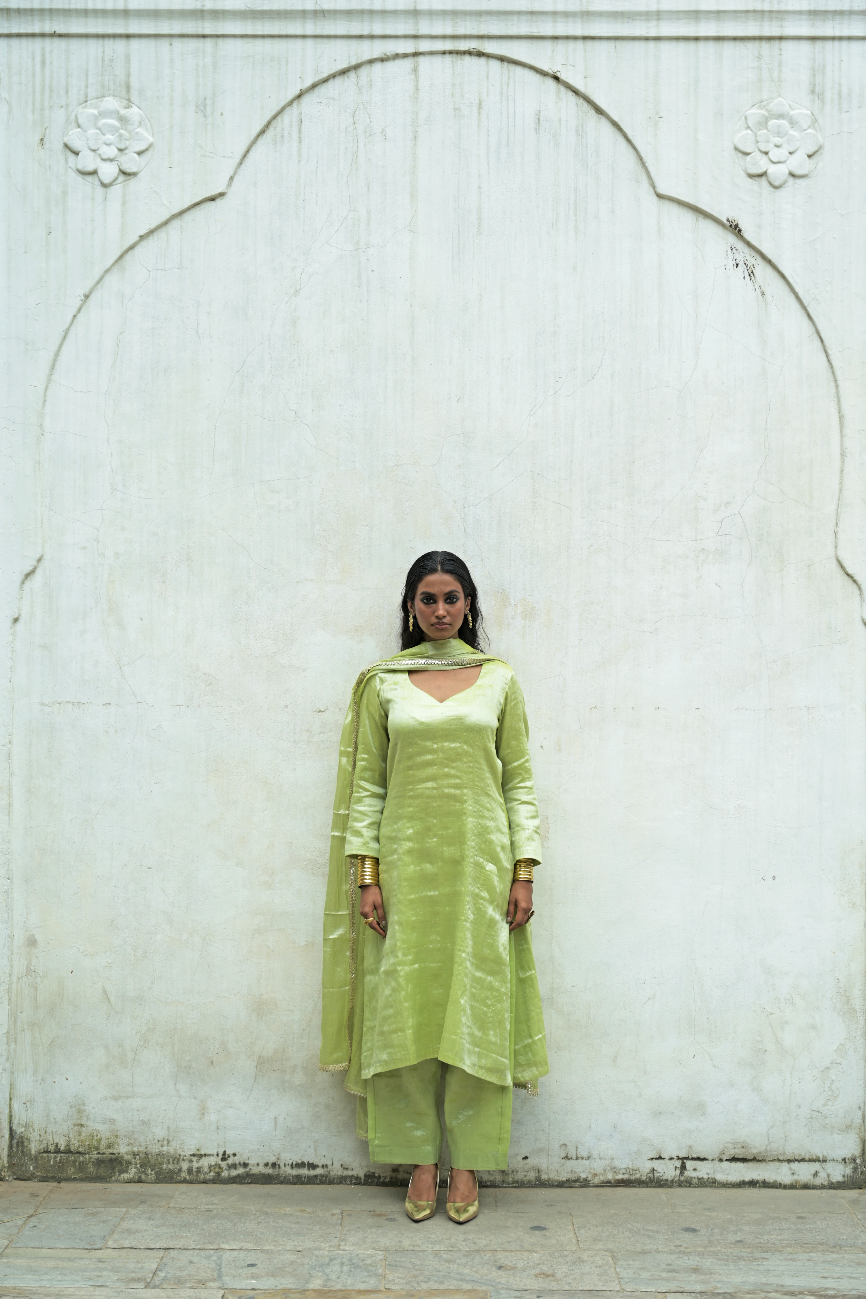 Avyaya I Neon Green Handloom Tissue Kurti Pant Set with Dupatta