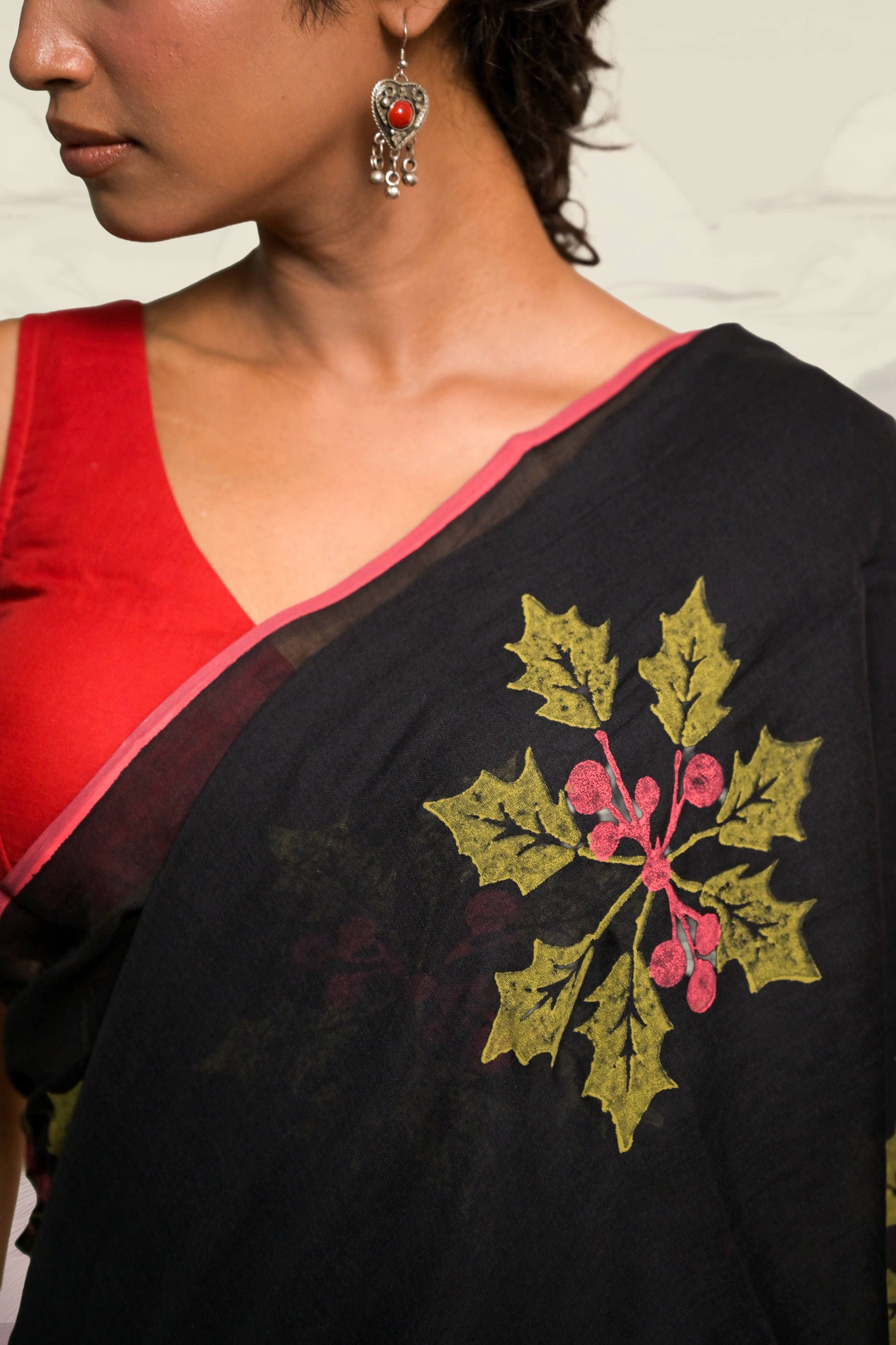 Black Handloom Mul Cotton Saree with Hand-block Printed Holly Leaf Motifs and Ready to Wear Dual Colour Handloom Mul Cotton Blouse Combo(Joys of Holly+Vanya)