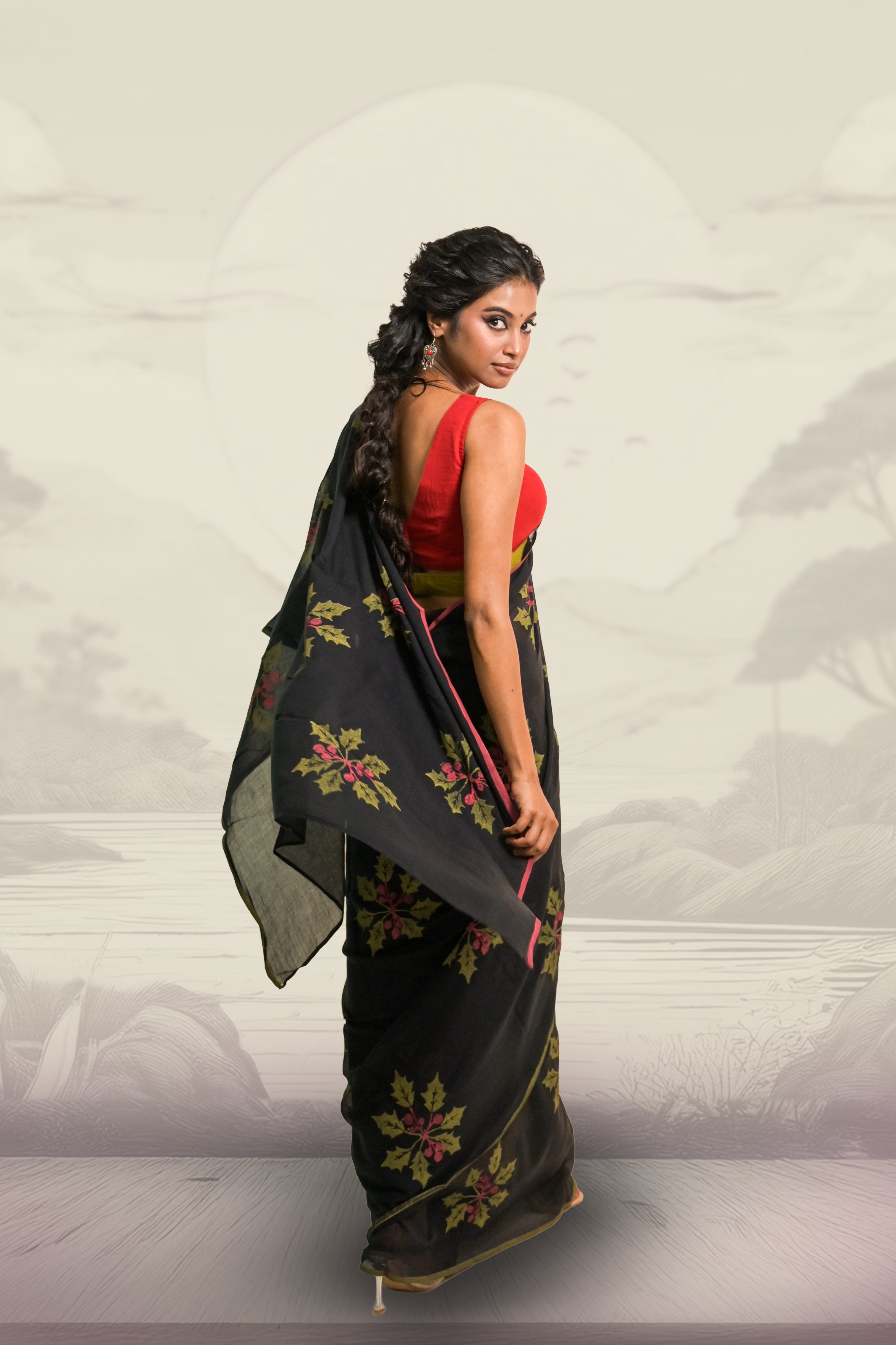 Black Handloom Mul Cotton Saree with Hand-block Printed Holly Leaf Motifs and Ready to Wear Dual Colour Handloom Mul Cotton Blouse Combo(Joys of Holly+Vanya)