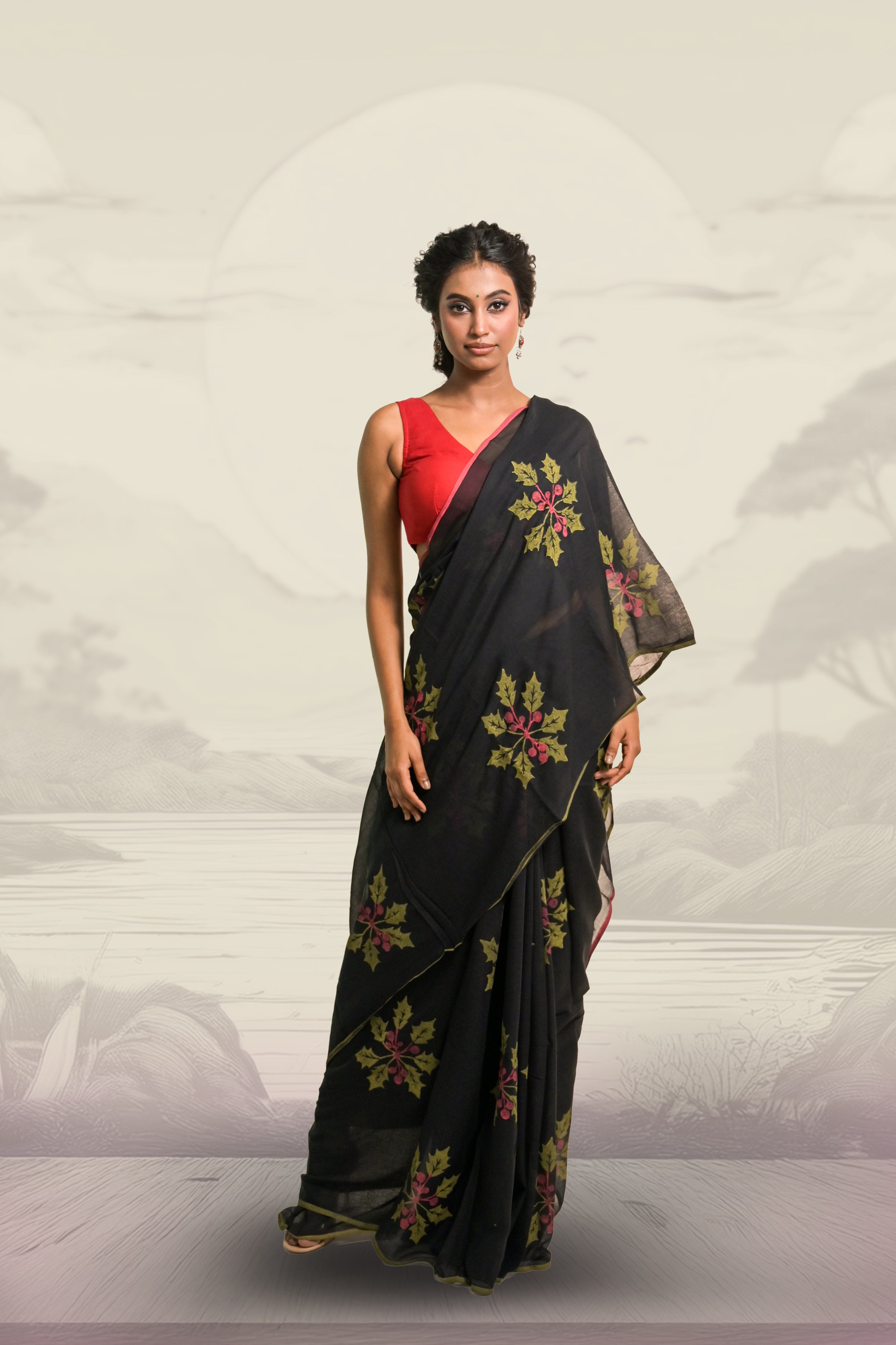 Black Handloom Mul Cotton Saree with Hand-block Printed Holly Leaf Motifs and Ready to Wear Dual Colour Handloom Mul Cotton Blouse Combo(Joys of Holly+Vanya)