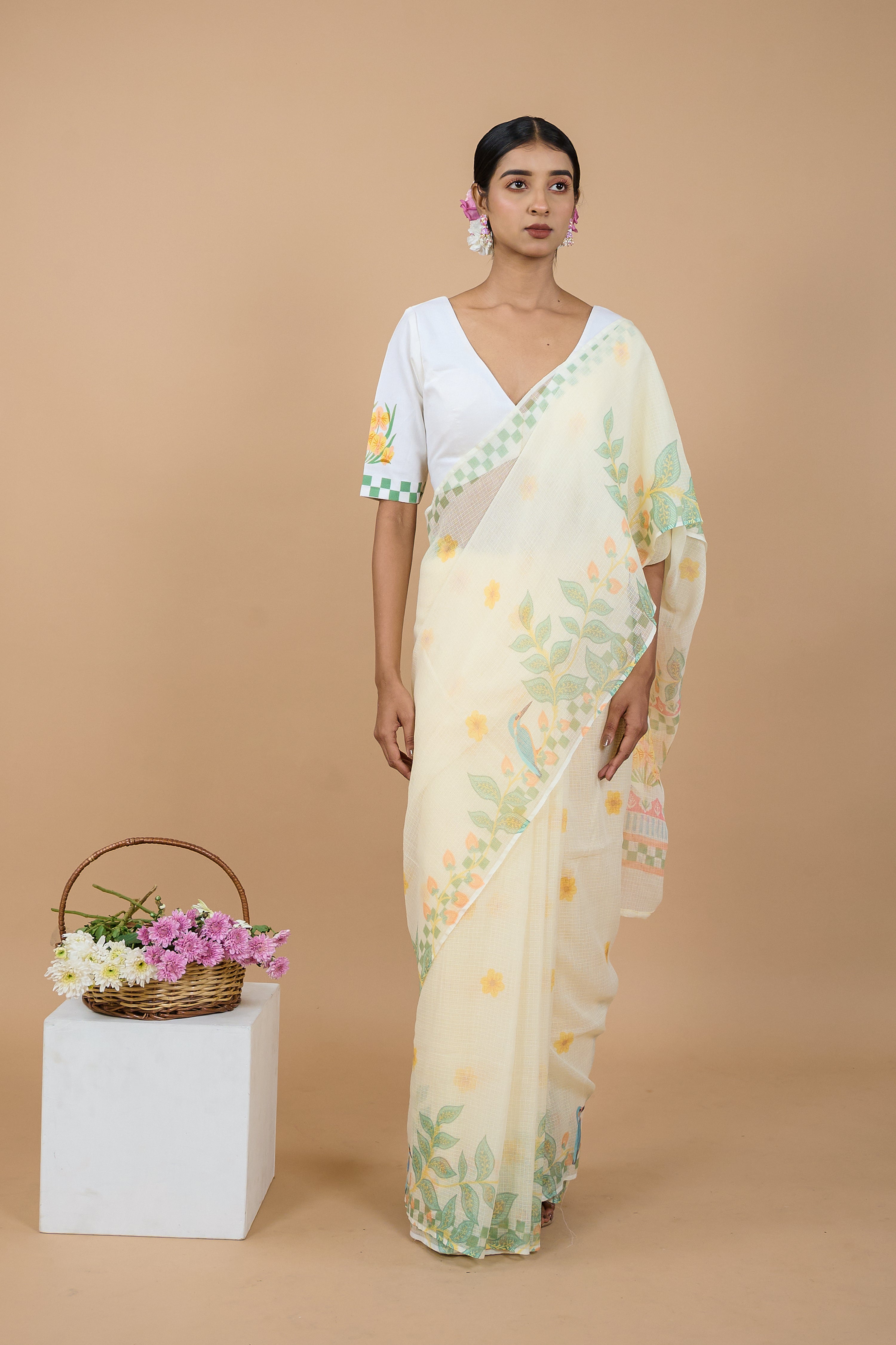 Ketaki I Cream Handloom Printed Kota doria Saree