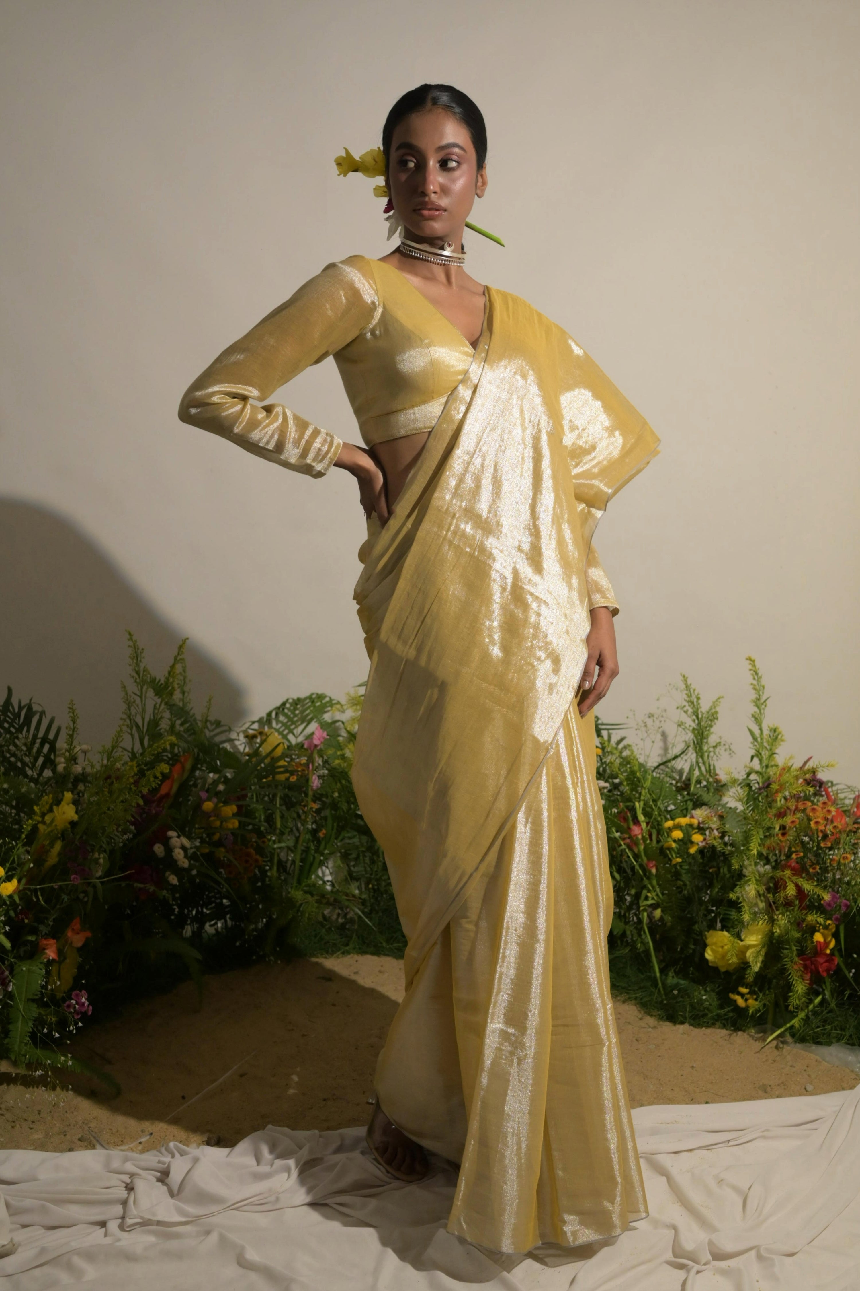 Mari-gold Rush I  Neon Yellow Tissue Saree