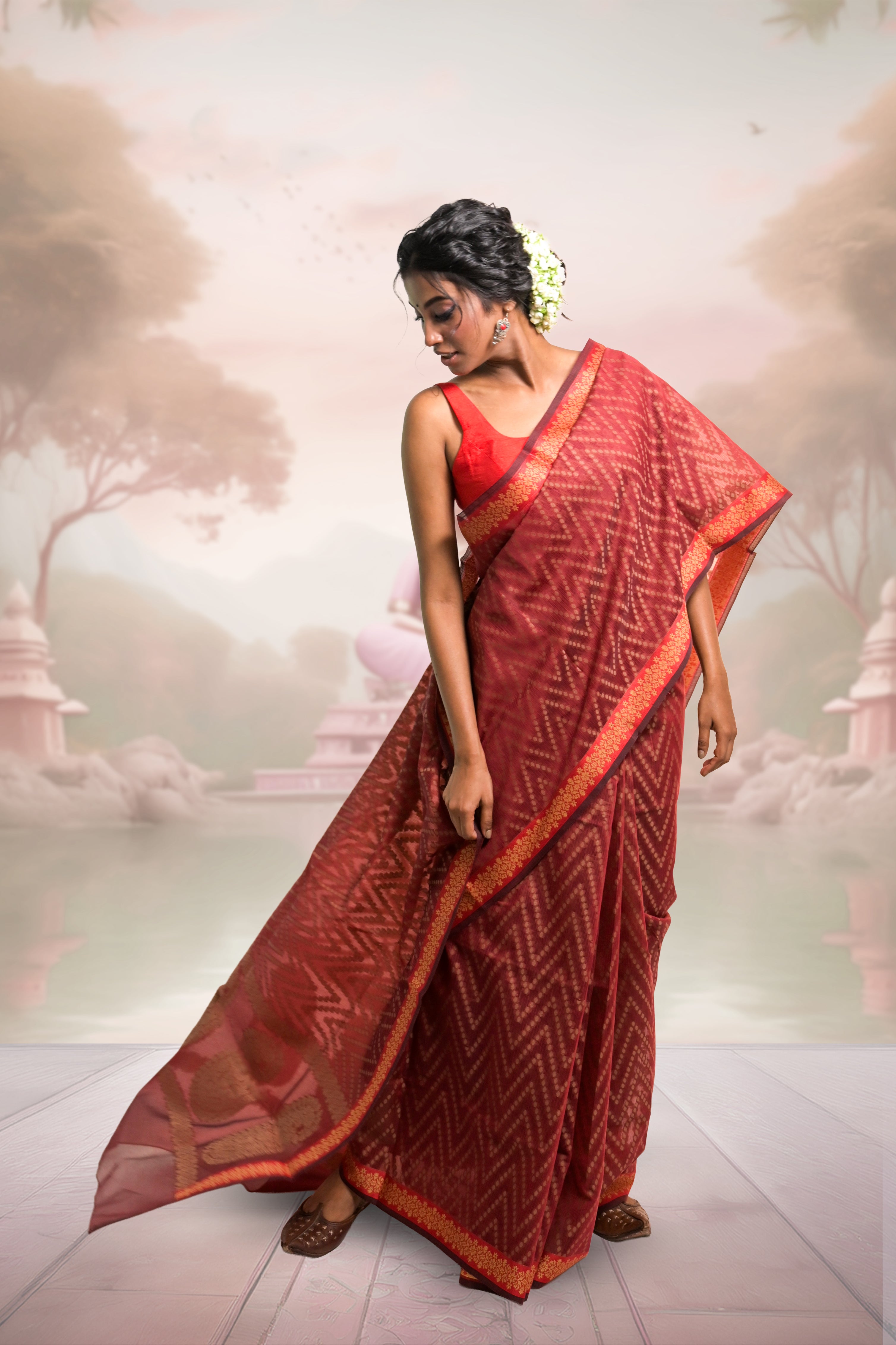 maroon-coloured-cotton-saree-with-red-floral-banarasi-border