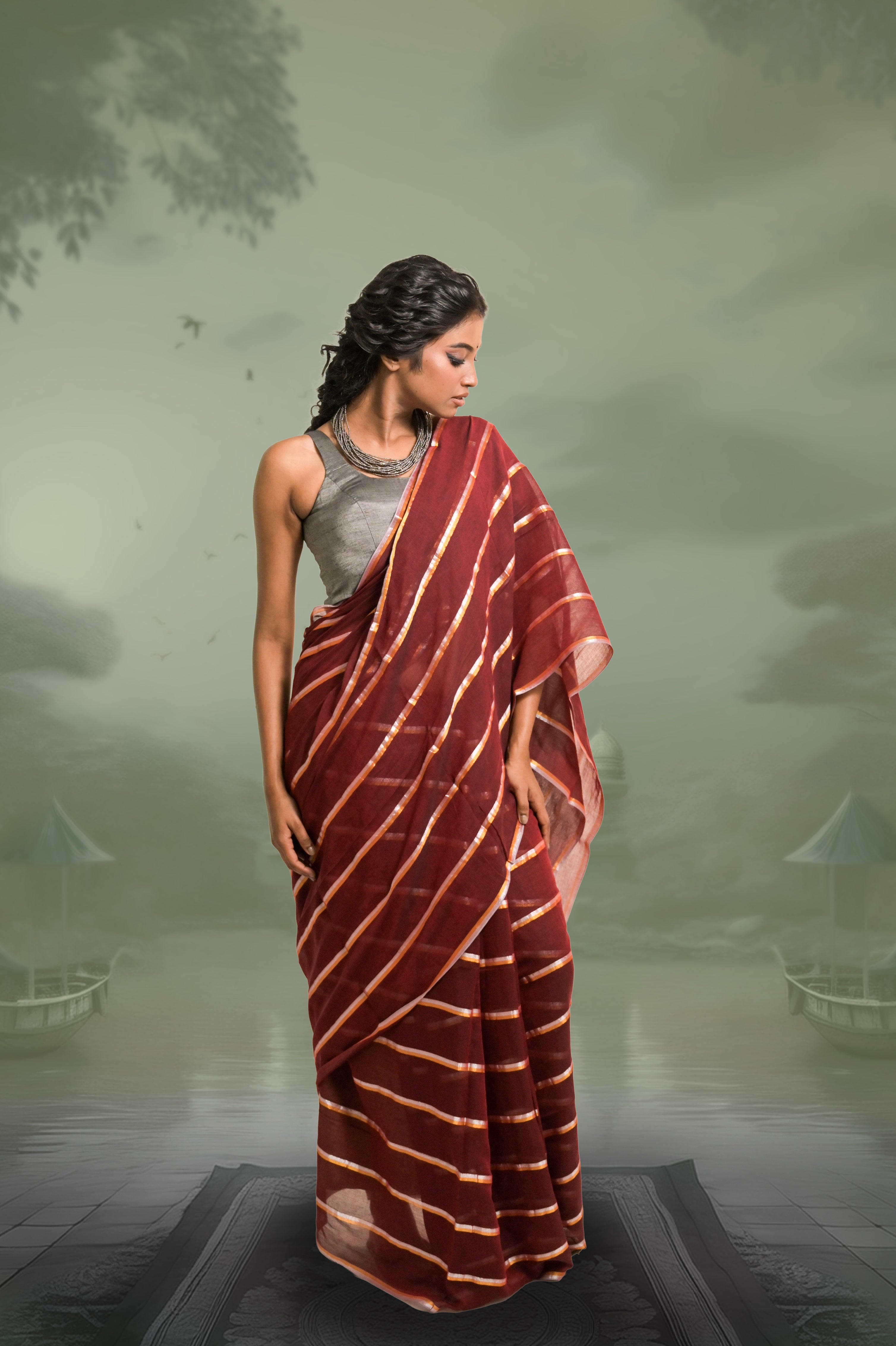 maroon-cotton-saree-with-zari-striped