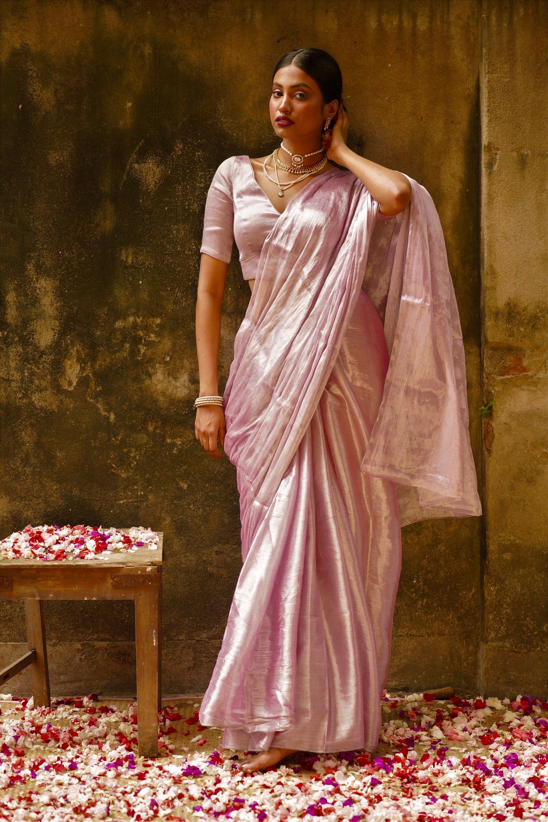 EXP - Ruhi - Handwoven Tissue Saree - Silver Cream + Persian Pink Rose