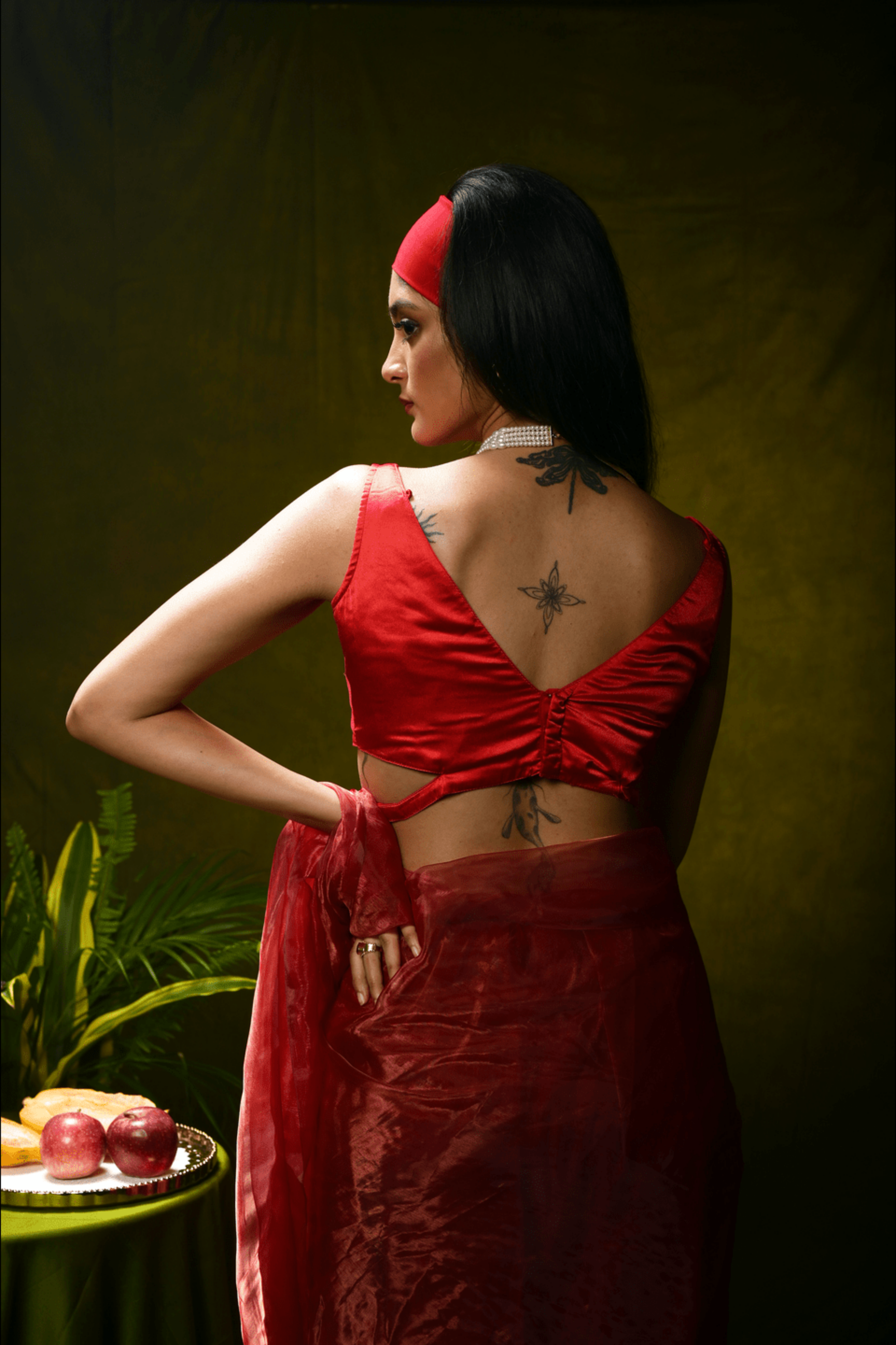 Red Organza Tissue Saree with Ready to Wear Satin Silk  Sleeveless Blouse Combo (Sparkling Scarlet & Soda Rough)