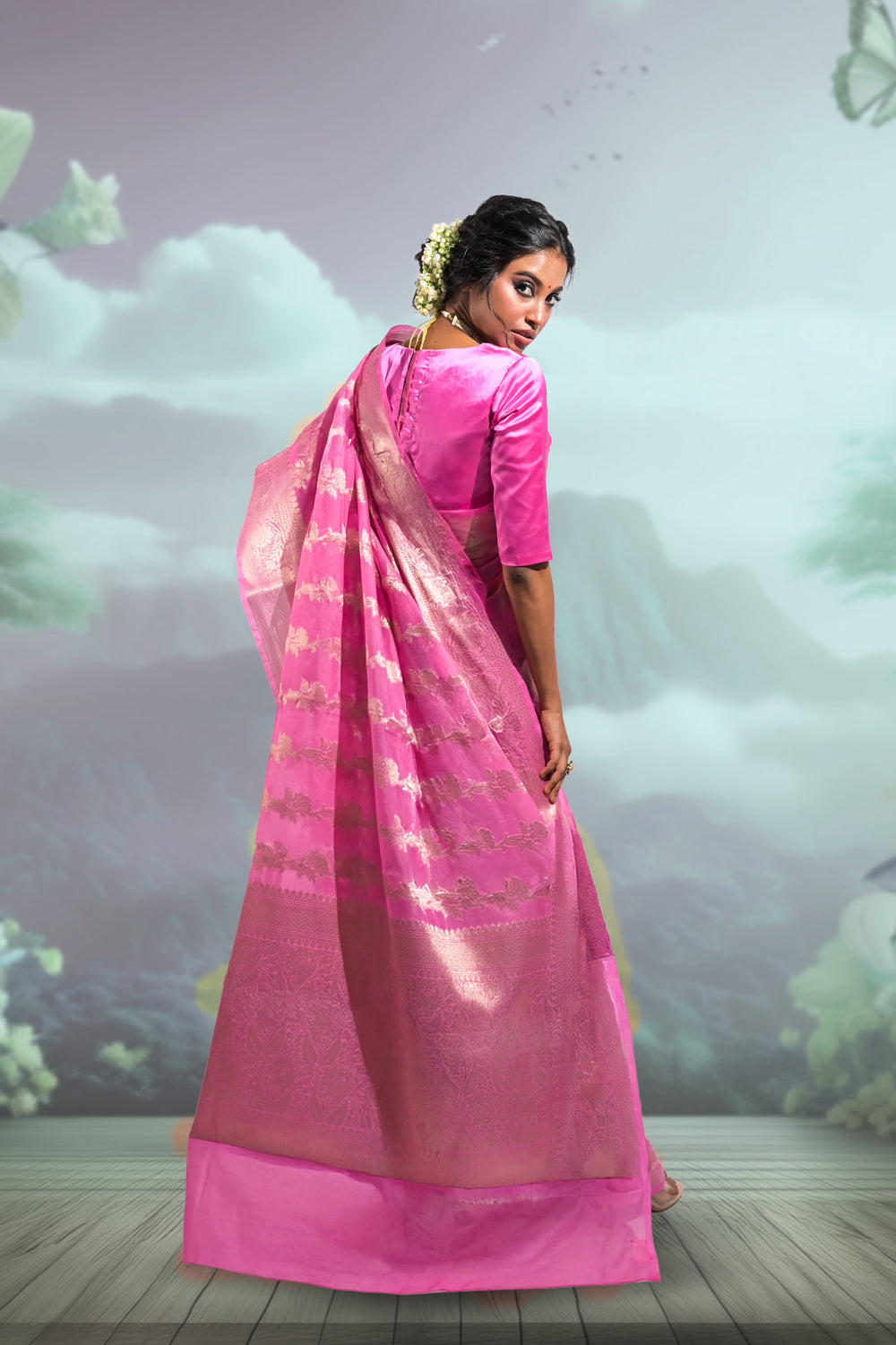 Rose Pink Banarasi Chanderi Saree with Oxidised Resham Weaving Ethnic Floral Border