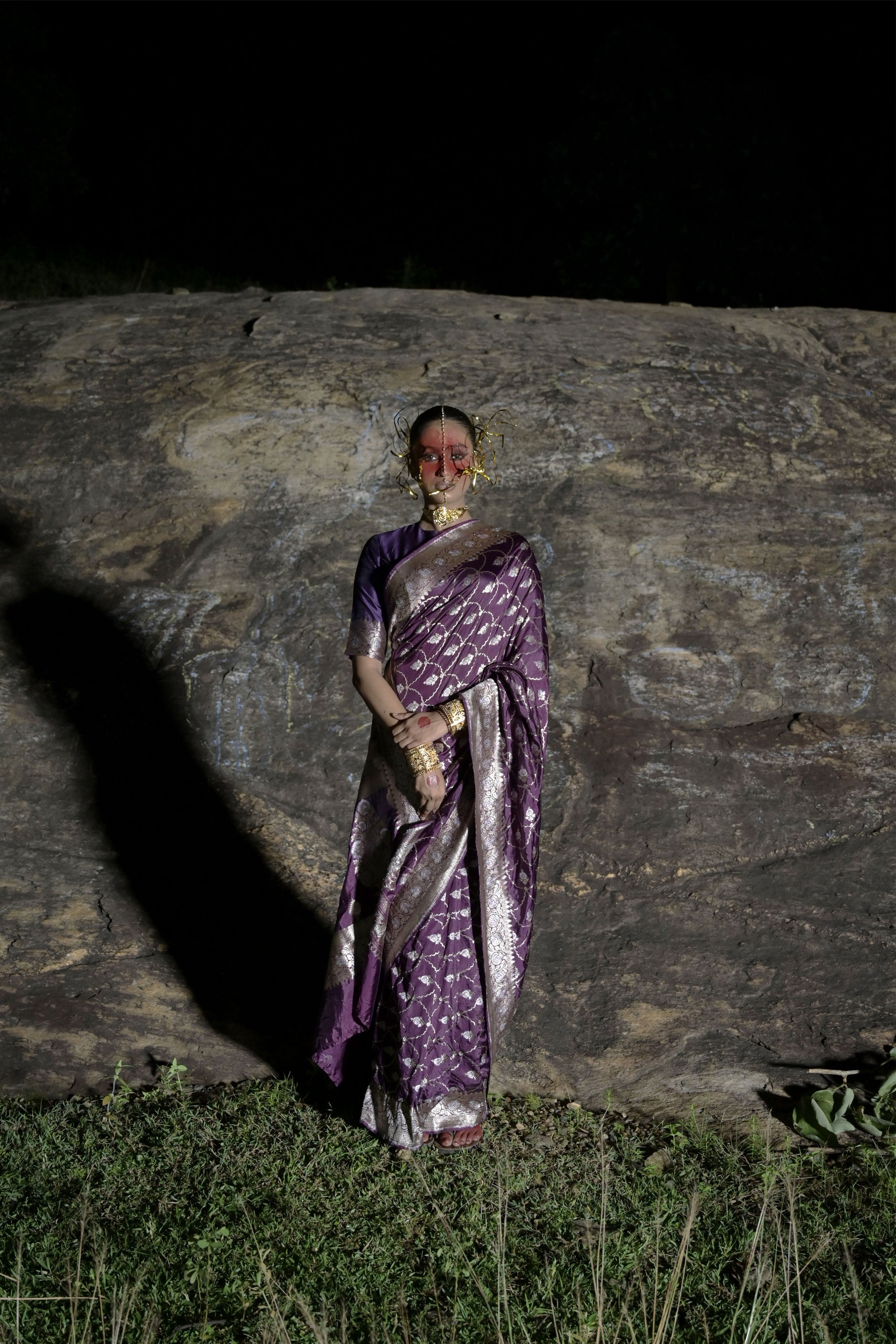 Rangmaalika I Plum Handwoven Katan Banarasi Saree with Jaal Pattern and Floral Border