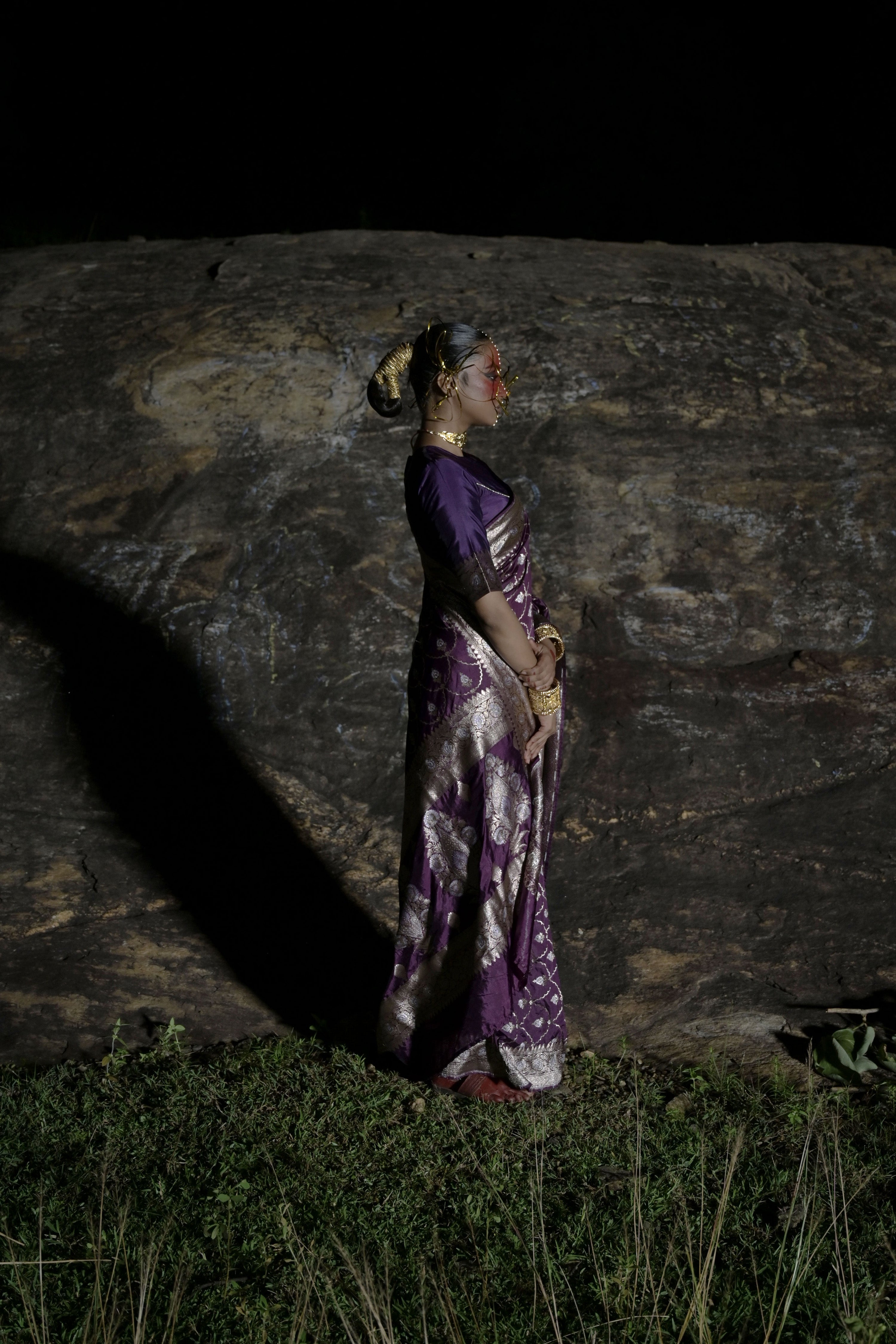 Rangmaalika I Plum Handwoven Katan Banarasi Saree with Jaal Pattern and Floral Border