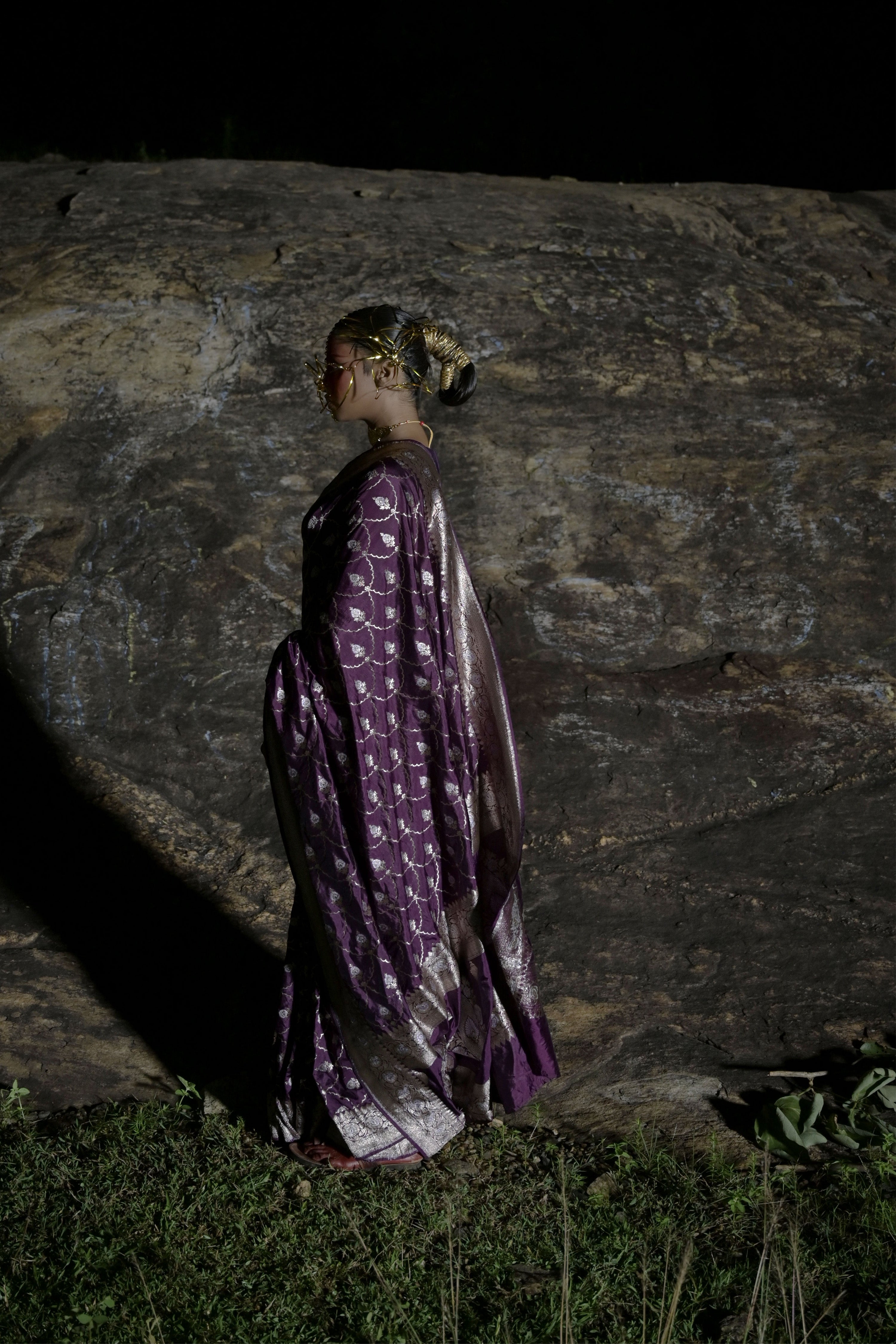 Rangmaalika I Plum Handwoven Katan Banarasi Saree with Jaal Pattern and Floral Border