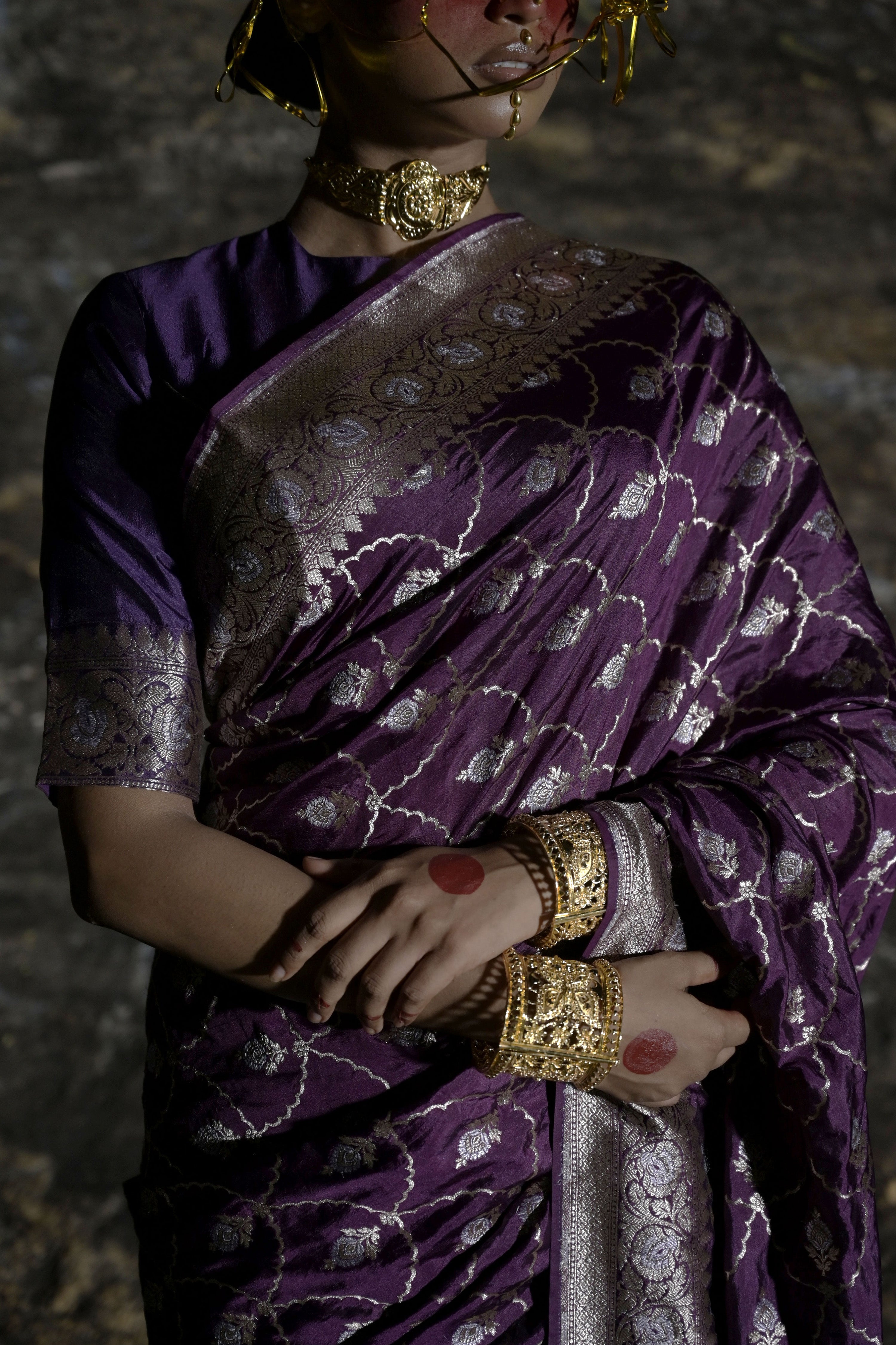 Rangmaalika I Plum Handwoven Katan Banarasi Saree with Jaal Pattern and Floral Border